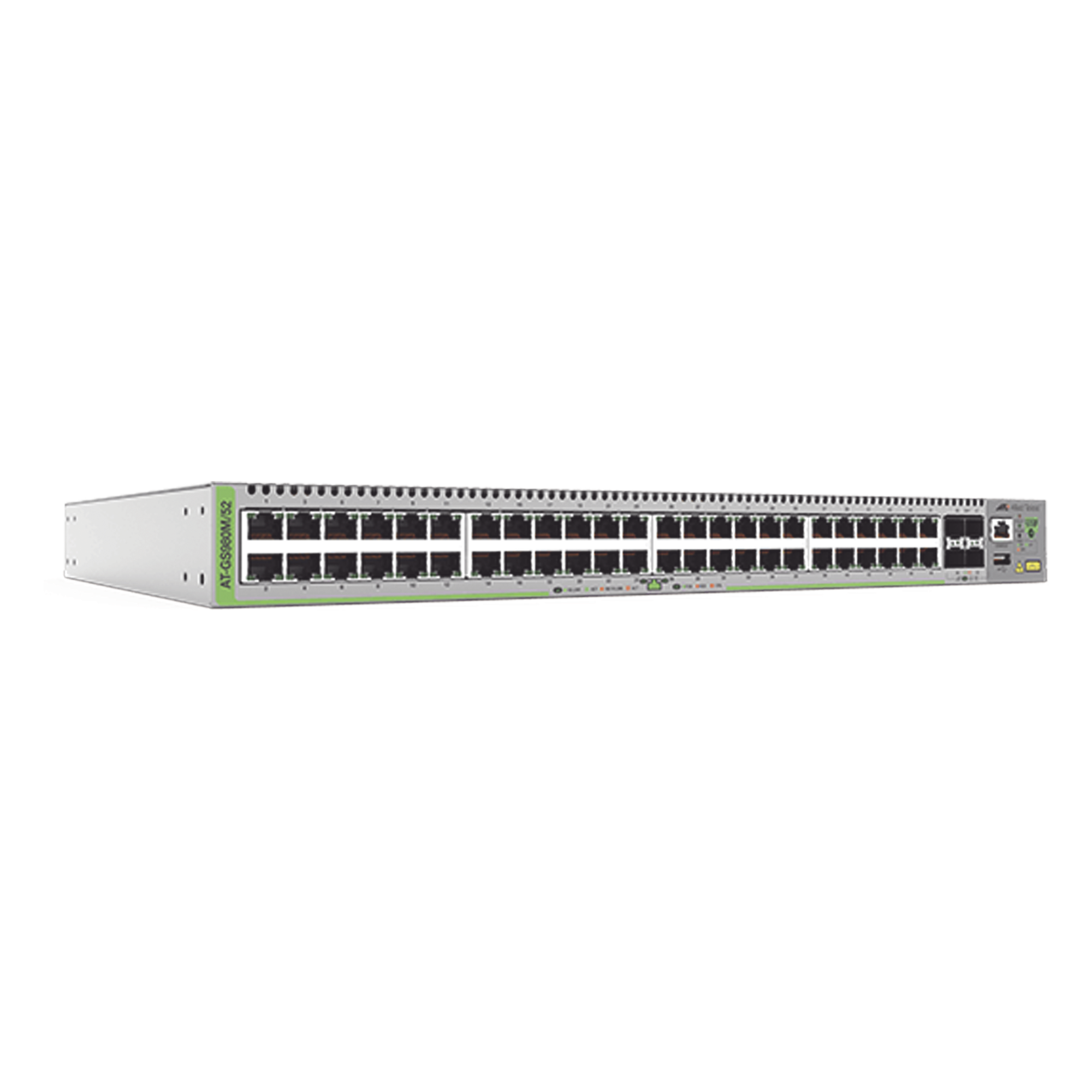 Switch Administrable Capa 3 / 48 Puertos 10/100/1000Mbps / 4 SFP Gigabit / 104 Gbps Switching Fabric / 77.4 Mpps — ALLIED TELESIS · SKU AT-GS980M/52-10