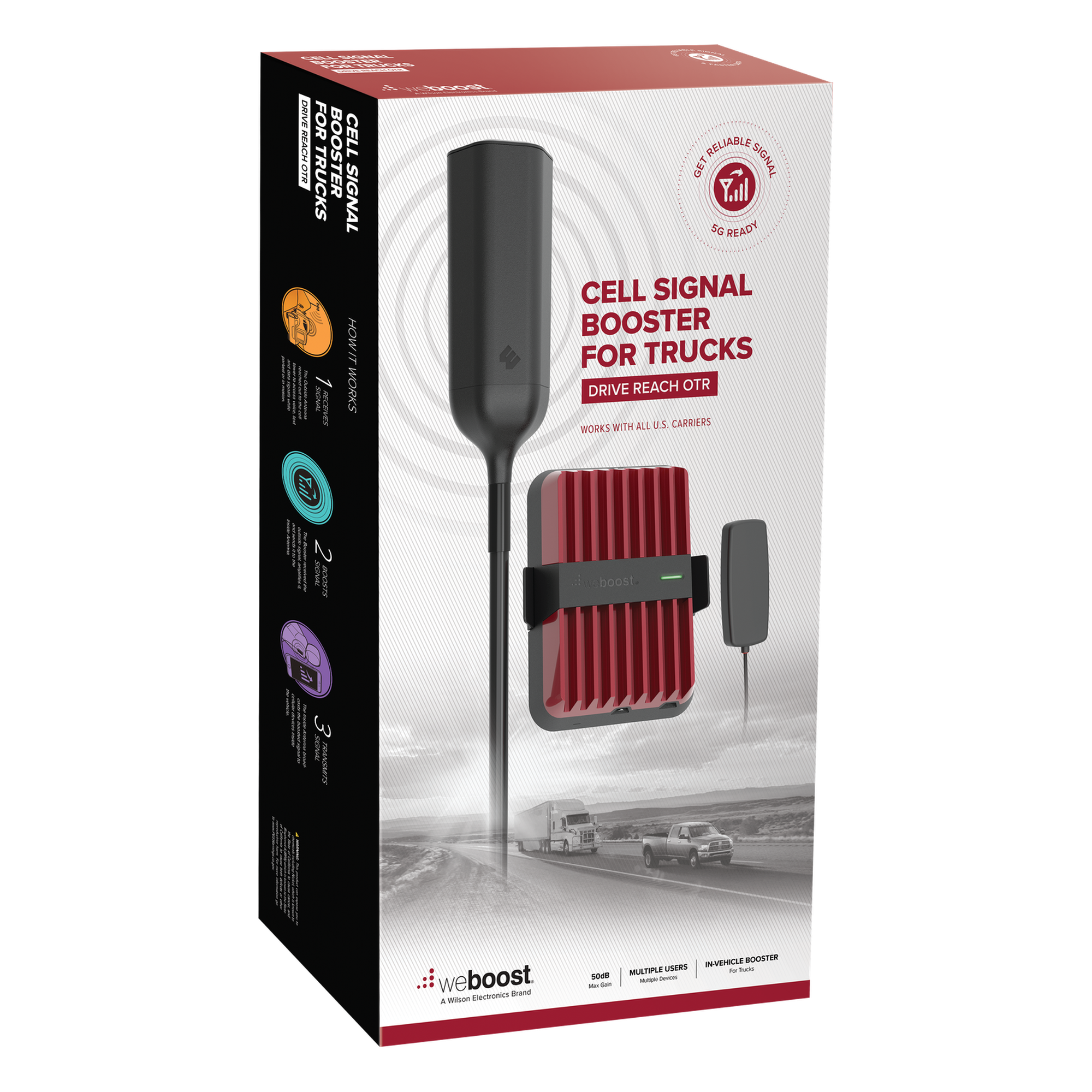 Amplificador de Señal Celular / 4G, 3G, VoLTE y Voz / Multiusuario / Multioperador / Alcance Extendido 74% / Antena OTR Omnidireccional / Tractocamión y Pick-up Pesado