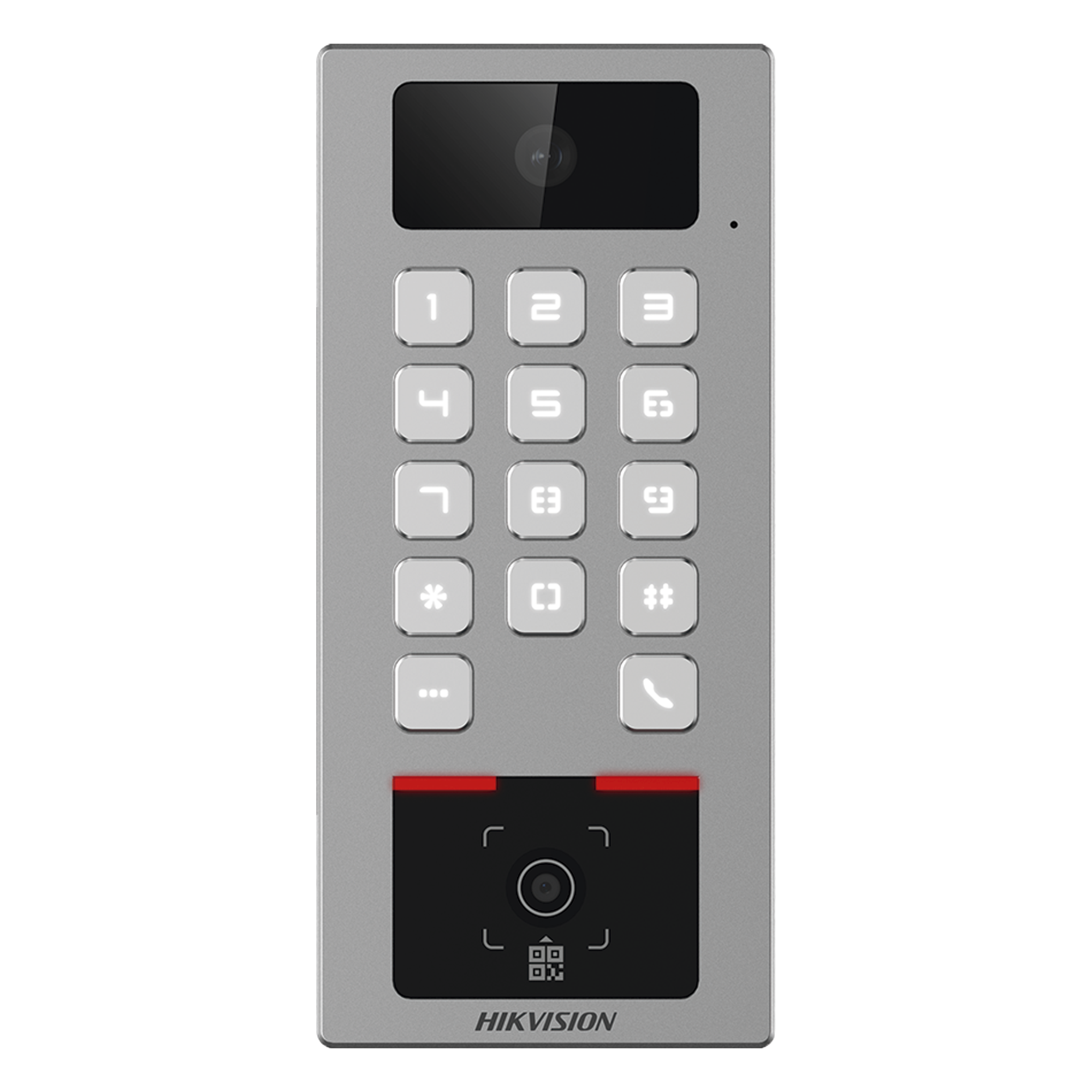 Terminal de Control de Acceso / Lector QR Exterior / Videoportero 2 MP / IP65 & IK09 / 100,000 Tarjetas / 300,000 Eventos / Bluetooth y App — HIKVISION · SKU DS-K1T502DBWX-CQR