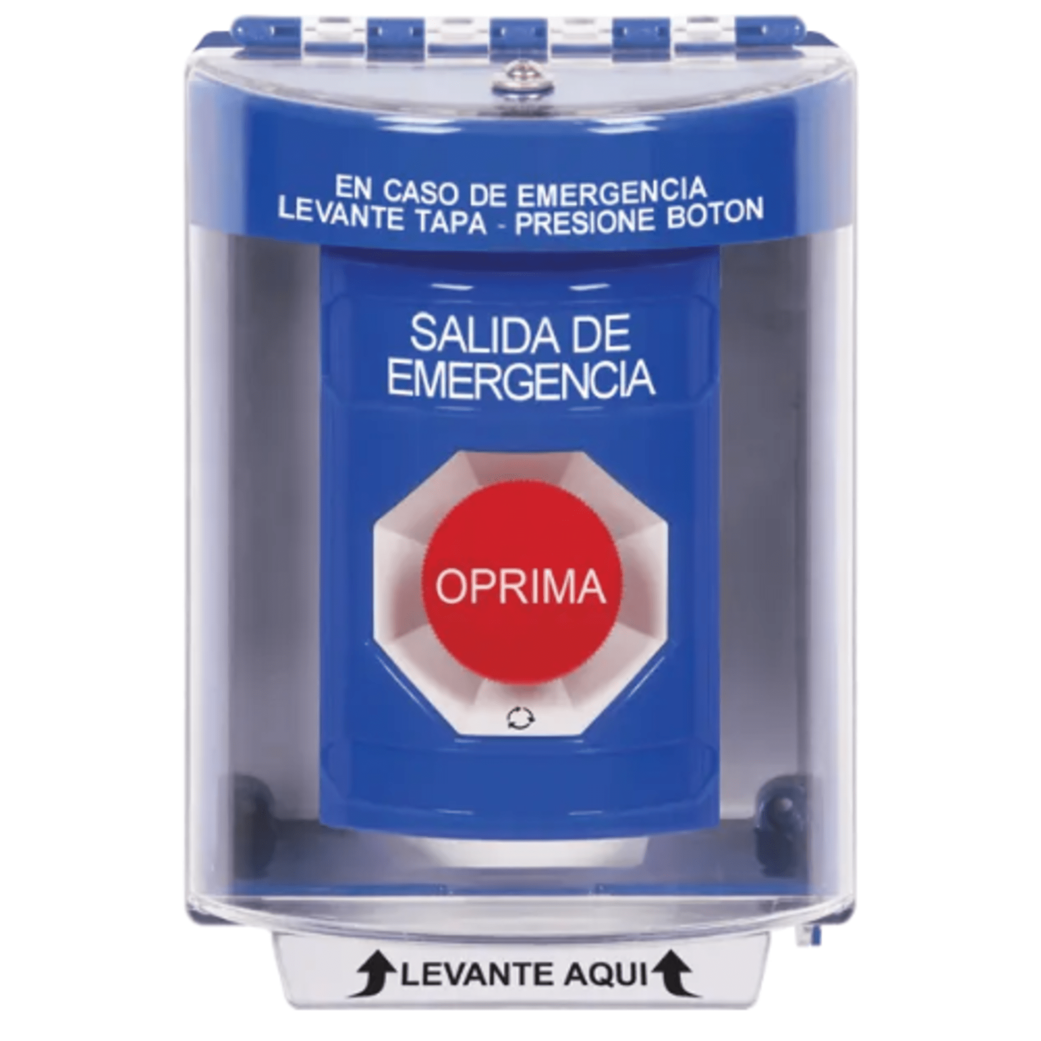 Botón Multipropósito de Superficie / Texto Salida de Emergencia en Español / Relevadores Dobles Forma C / Tapa de Policarbonato / Llave para Restablecer / Interior/Exterior — STI · SKU SS2471EX-ES
