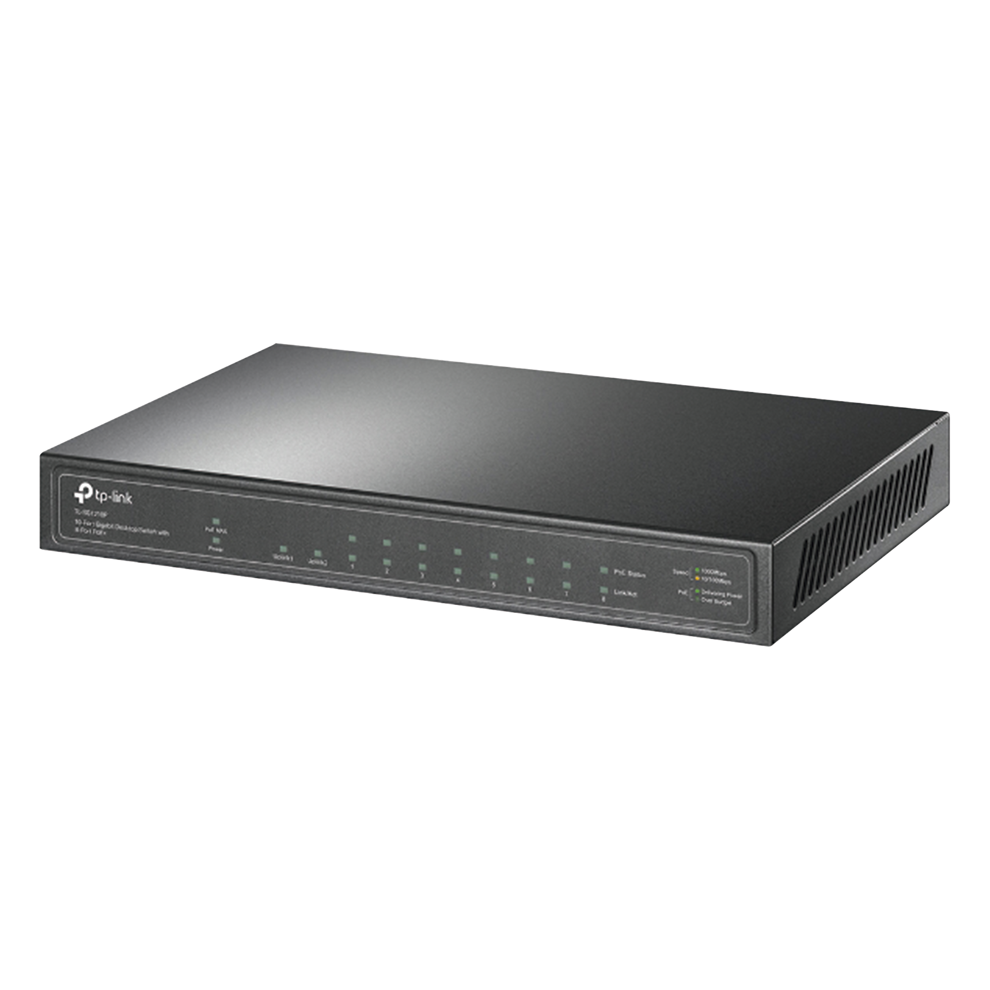 Switch PoE+ / 8 Puertos Gigabit PoE+ / 1 Puerto Gigabit Uplink / 1 Puerto SFP / 63W PoE Total / 20 Gbps — TP-LINK · SKU TL-SG1210P