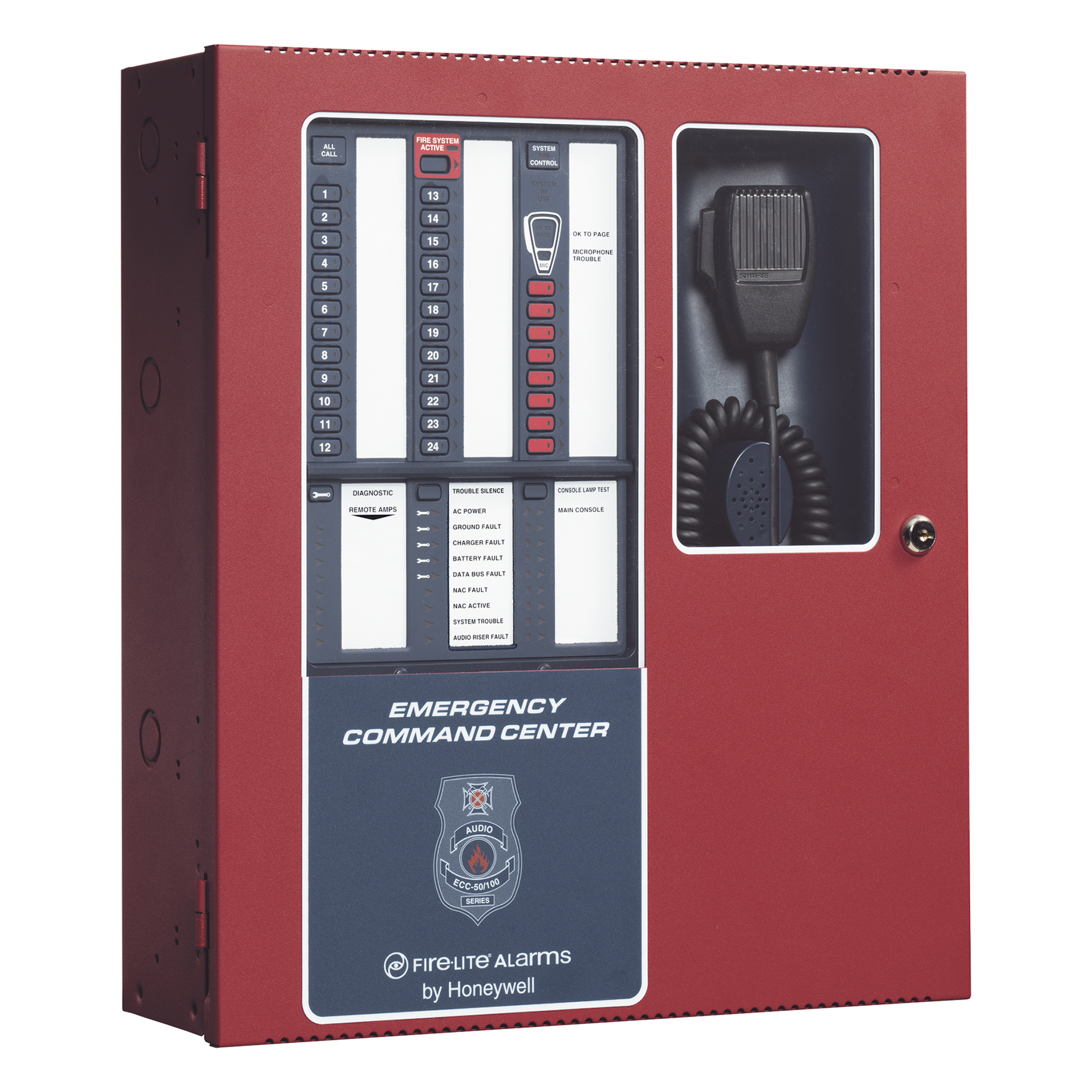 Centro de Comando de Emergencia / 50 W Ampliable a 100 W / 8 Circuitos de Entrada / 14 Mensajes Grabados / Micrófono Supervisado / Listado UL 2572 y UL 864 — FIRE-LITE · SKU ECC-50/100