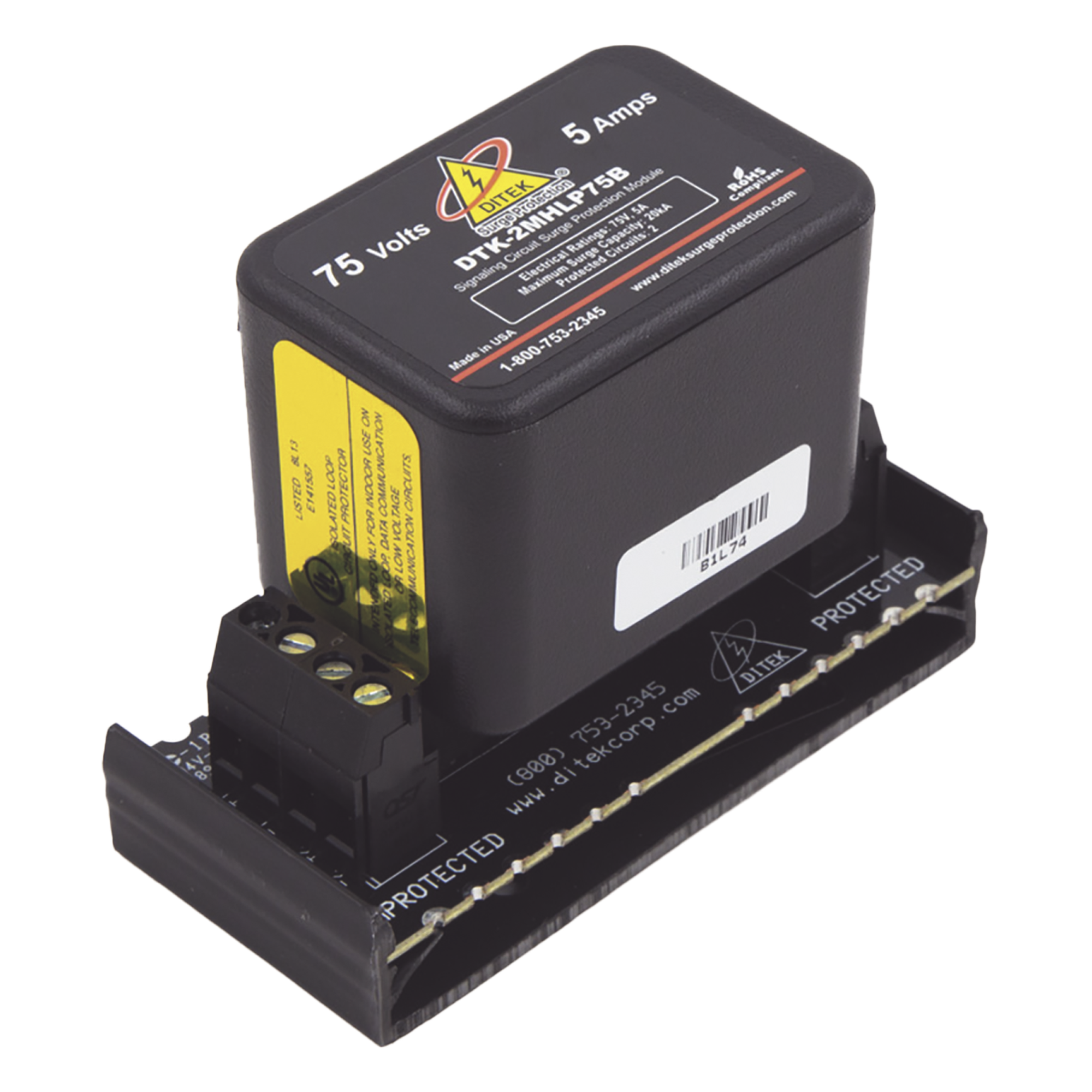 Protector Modular / 75 V / 2 Pares / Base Desmontable / Snap-Track / 83 x 38 x 66 mm / -40°C a 70°C — DITEK · SKU DTK-2MHLP75BWB