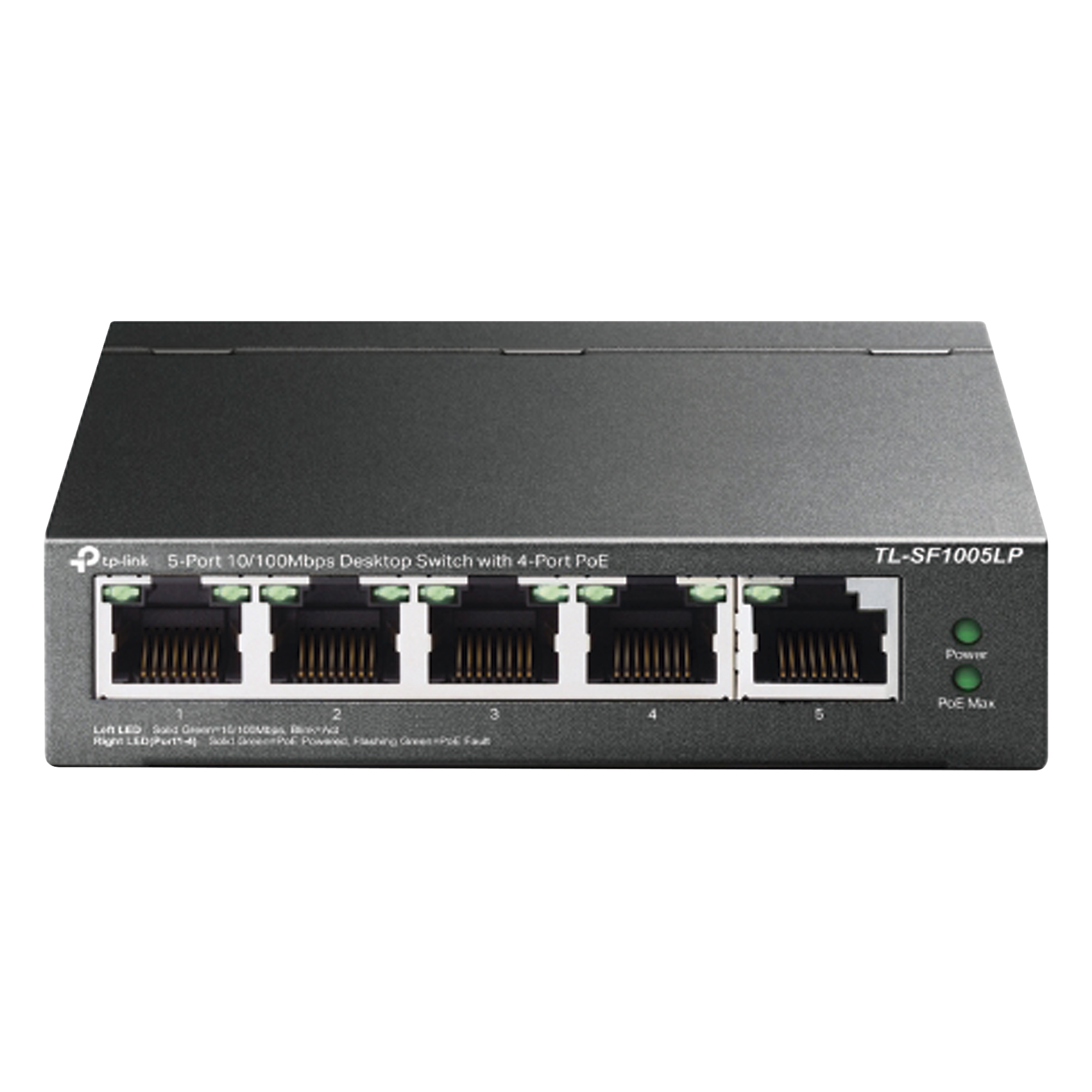 Switch PoE No Administrable / 5 Puertos 10/100 Mbps / 4 Puertos PoE 802.3af / Presupuesto 41 W / Extensión PoE 250 m (820 ft) / Sin Ventilador — TP-LINK · SKU TLSF1005LP