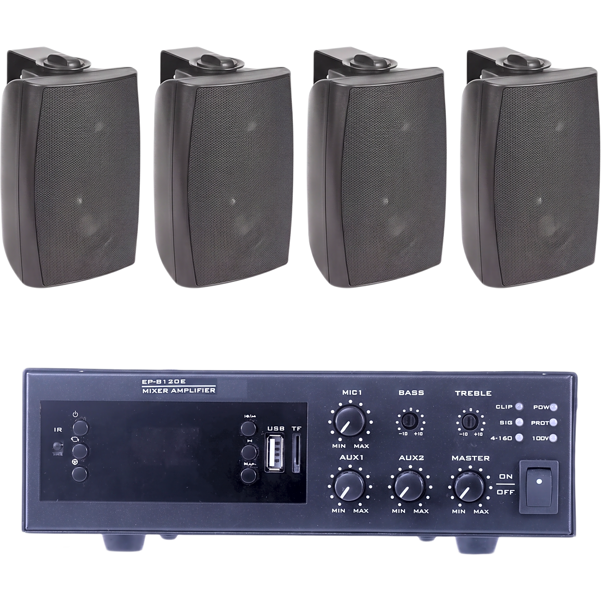 Kit de Audio para Instalaciones / Amplificador 120W / 4 Altavoces de Pared 2 Vías / Sistema 70/100V / Bluetooth / XLR Phantom 48V — EPCOM PROAUDIO · SKU EPB120E/4WS