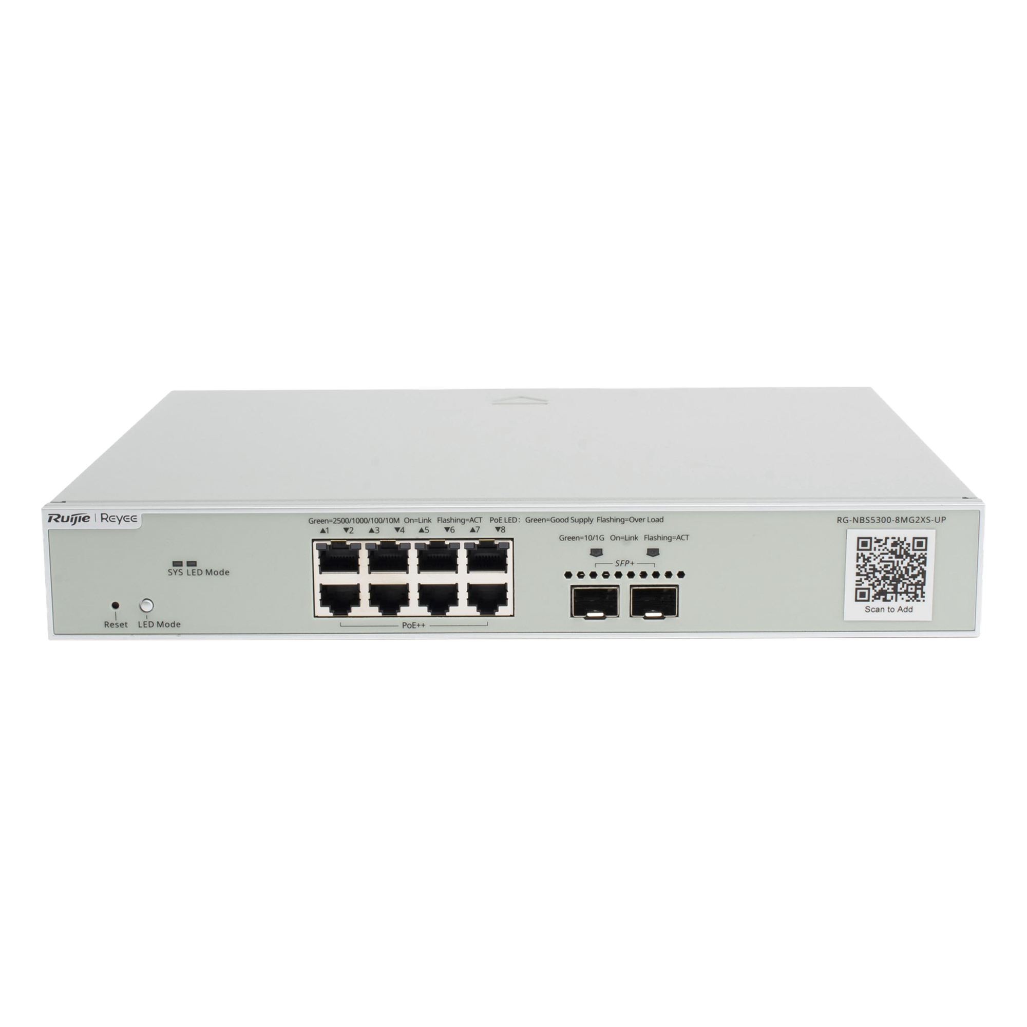 Switch Multi-Gigabit PoE++ / 8 Puertos 2.5G / 2 SFP+ / 370W / Capa 3 / 80 Gbps / Cloud Administrable — RUIJIE · SKU RG-NBS5300-8MG2XS-UP