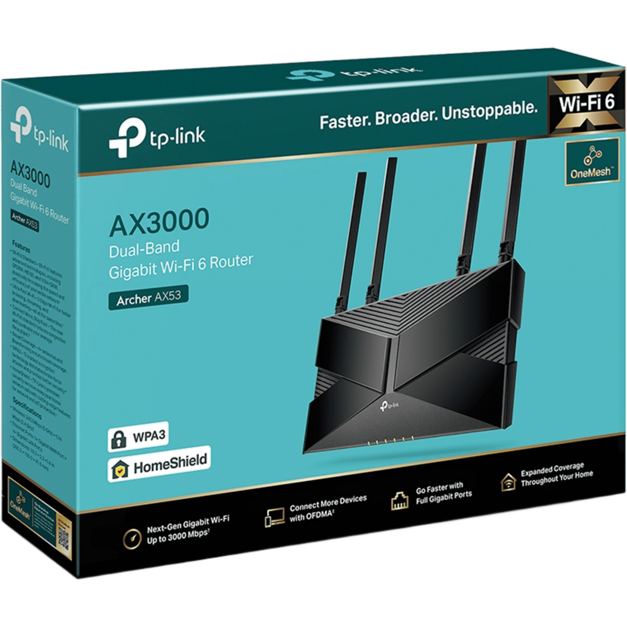 Router WiFi 6 doble banda AX 1800 Mbps /  MU-MIMO y OFDMA / 1 Puerto WAN 10/100/1000 Mbps / 4 Puertos LAN 10/100/1000 Mbps / 4 Potentes Antenas / Compatible con EasyMESH