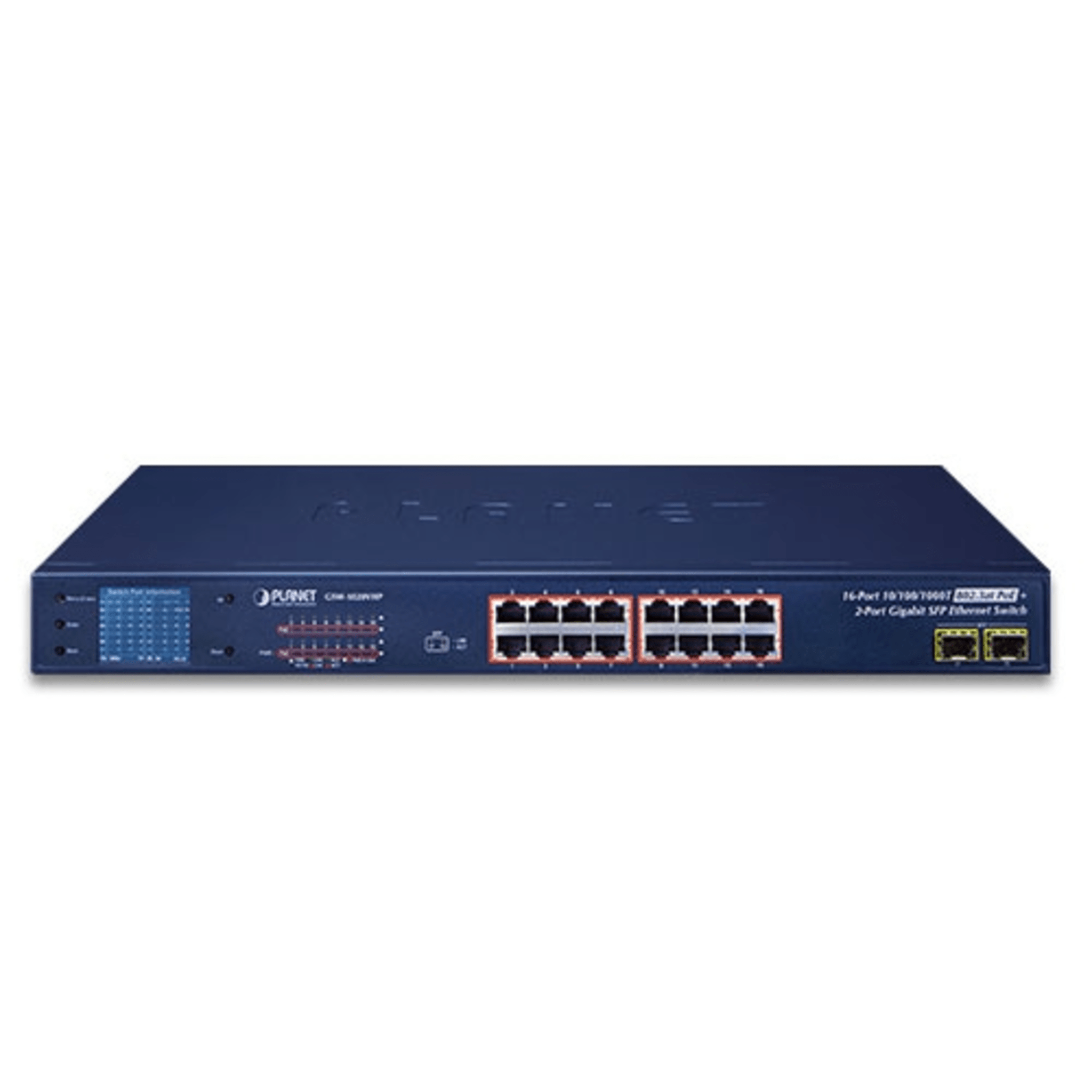 Switch No Administrable PoE+ Extender, Aislamiento VLAN de 16 Puertos Gigabit +, 2 Combo TP/SFP y Pantalla 