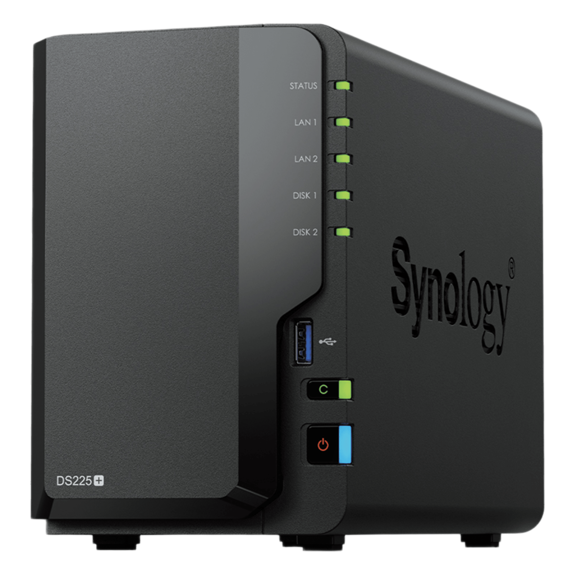 NAS de 2 Bahías / Rendimiento 282/217 MB/s / Conectividad 2.5GbE y 1GbE / CPU Intel Celeron J4125 / RAM Expandible a 6 GB / Hasta 40 TB / USB 3.2 Gen 1 — SYNOLOGY · SKU DS225+