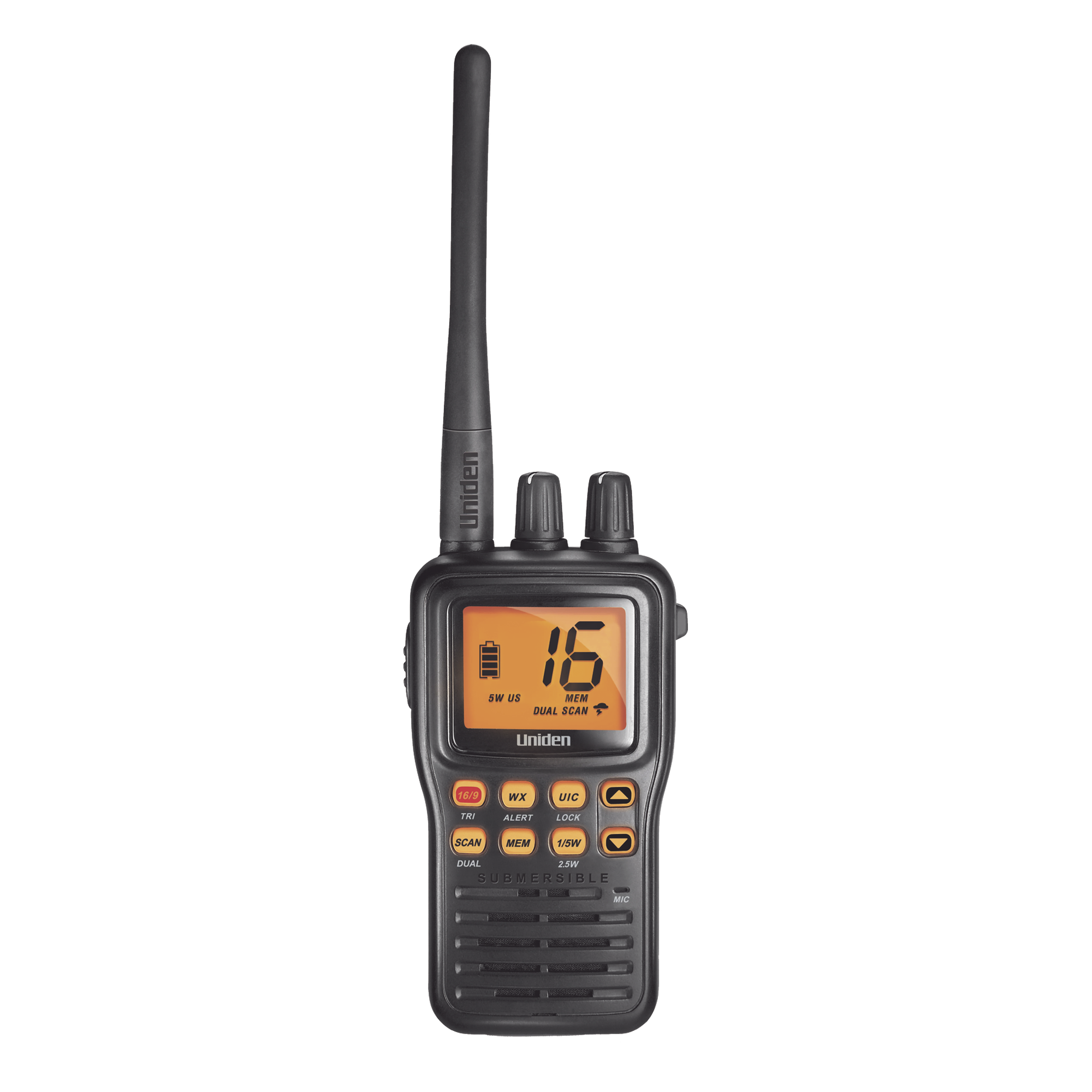 Radio Marina VHF Portátil / IPX8 Sumergible y Flotante / Potencia 1-5 W / Batería 12 h / Canales Internacionales, USA y Canadá — UNIDEN · SKU MHS75