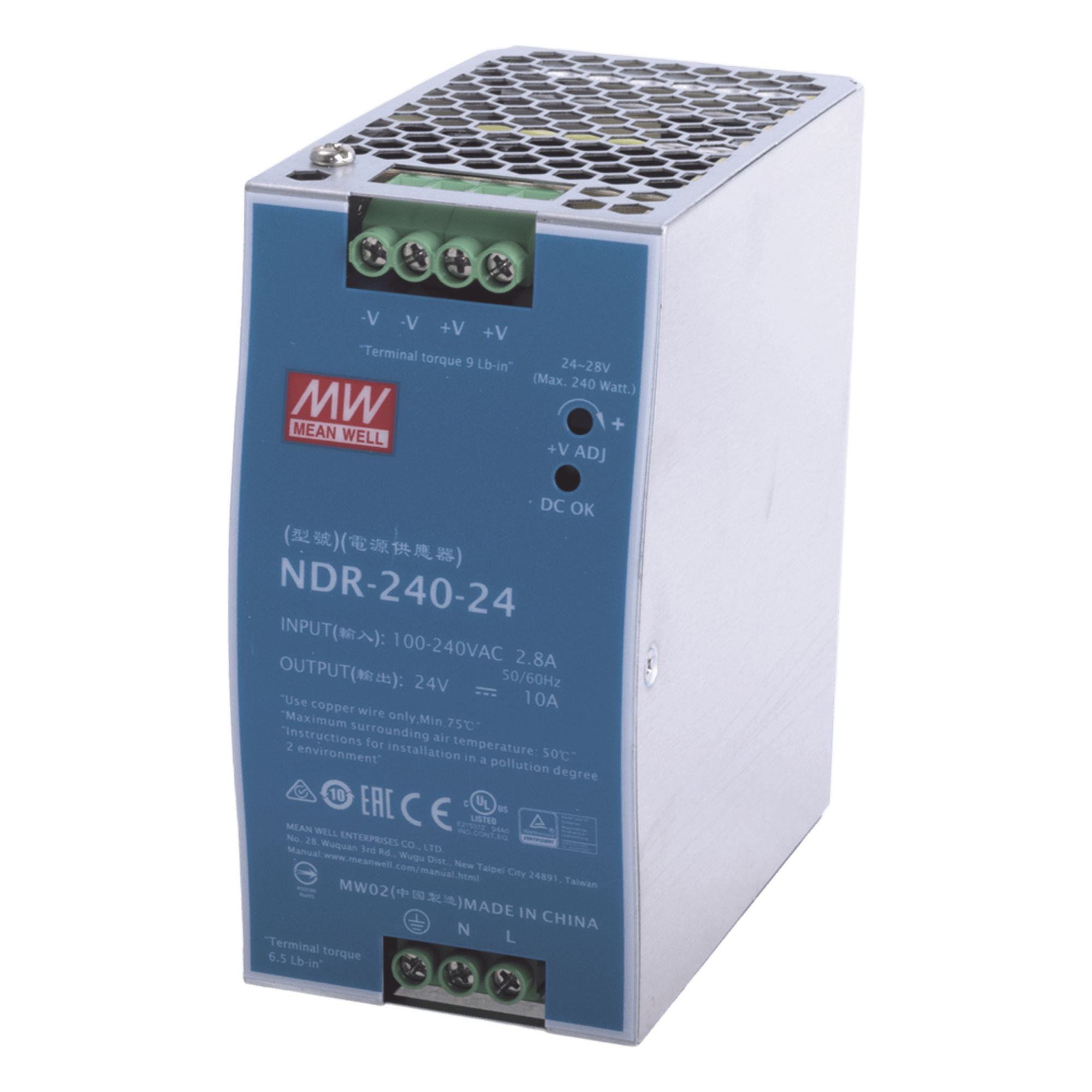 Fuente de Poder Industrial / Riel DIN / 240W / 24Vcc / 10A / Entrada 90-264Vca / Eficiencia 88.5% / Sin Ventilador — MEANWELL · SKU NDR24024