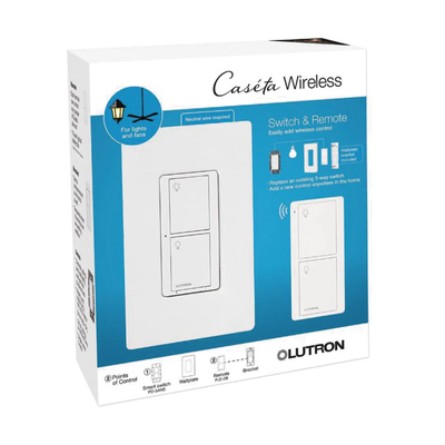 Kit Interruptor de Pared Inalámbrico / 5 A / 120 V / Control Remoto 2 Botones / RF a Través de Muros / Requiere Neutro — LUTRON CASETA WIRELESS · SKU PPKG1WSWH