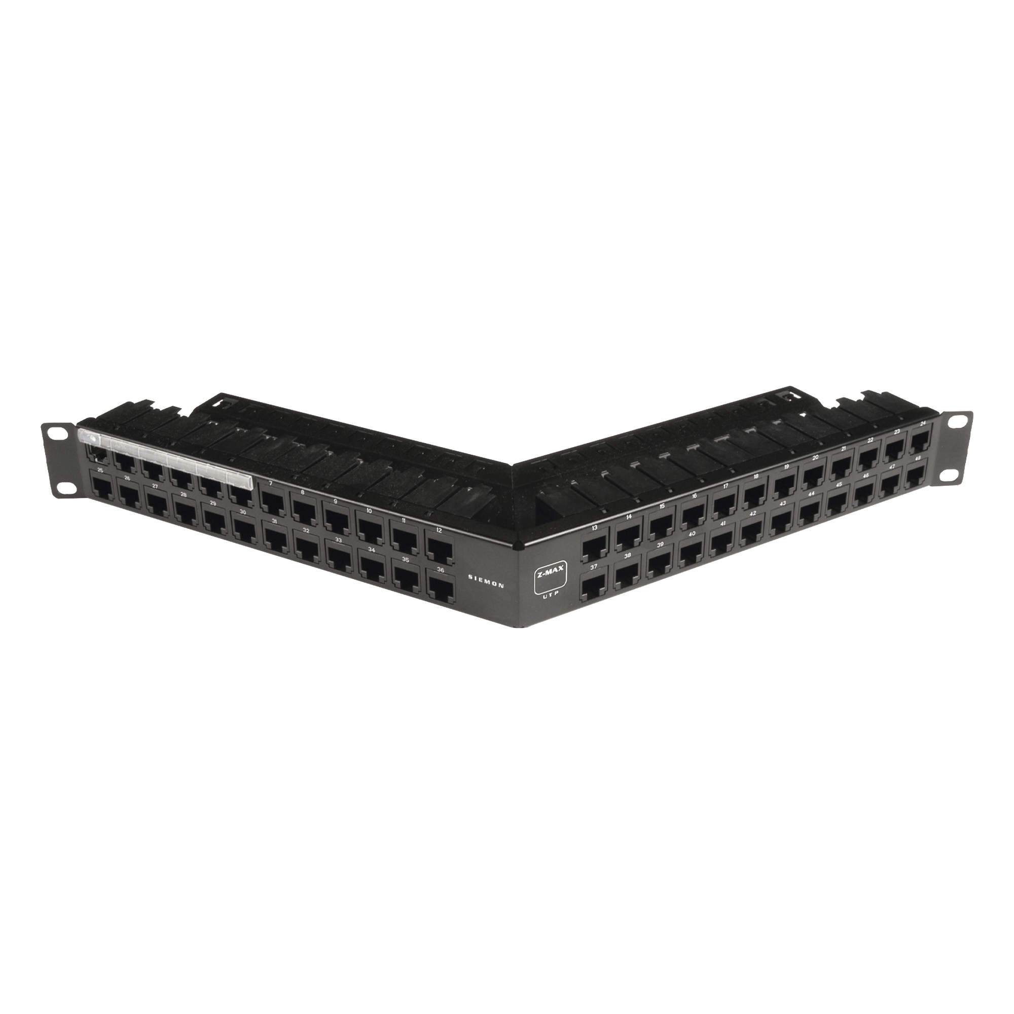 Patch Panel / Blindado / Cat 6A / 48 Puertos / 1U / Angulado / PoE+ — SIEMON · SKU Z6AS-PNLA-U48K