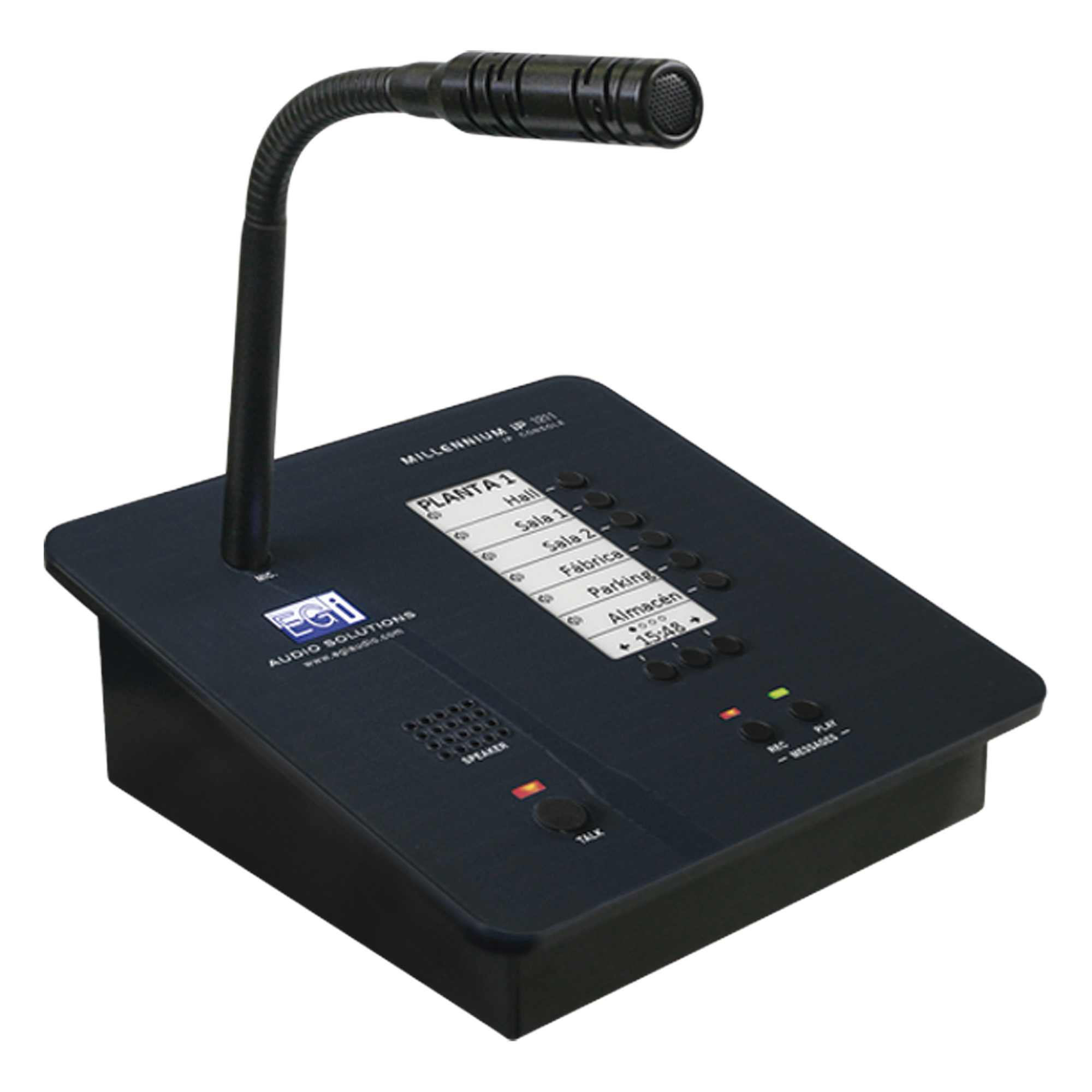 Consola de Avisos Multizona IP / Audio 16 bits 44.1 kHz / Display Tinta Electrónica / Micrófono Electret / 6 Teclas Directas / Grabación de Mensajes — EGI AUDIO SOLUTIONS · SKU 1211M