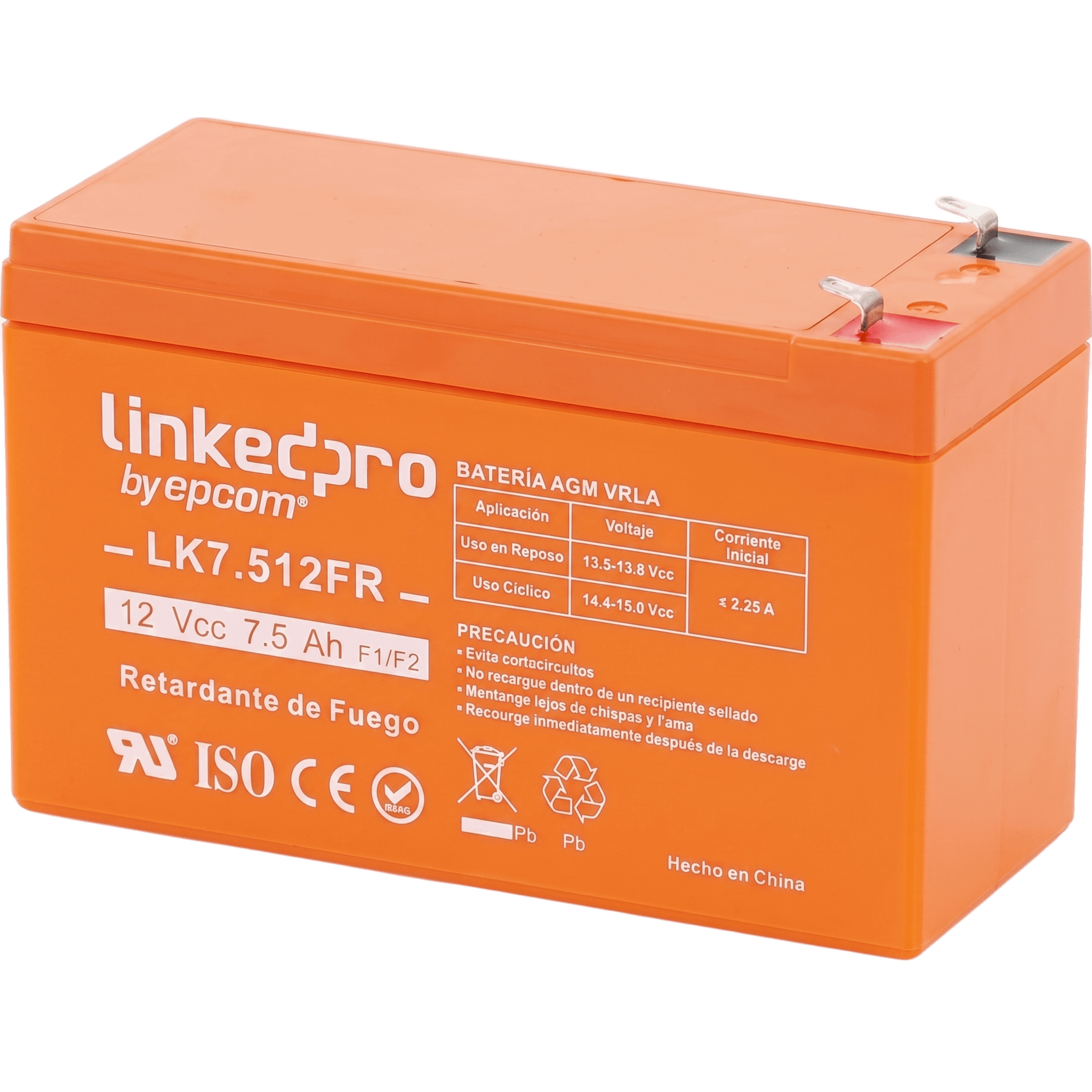 Batería de respaldo 12 V | 7.5 Ah |  AGM | Certificada UL94-V0 Retardante a la Flama  | Especial para Seguridad Electrónica | UPS  | Sistemas de Emergencia  | Vida útil 5 años | Terminales F1  + Adaptador F2 