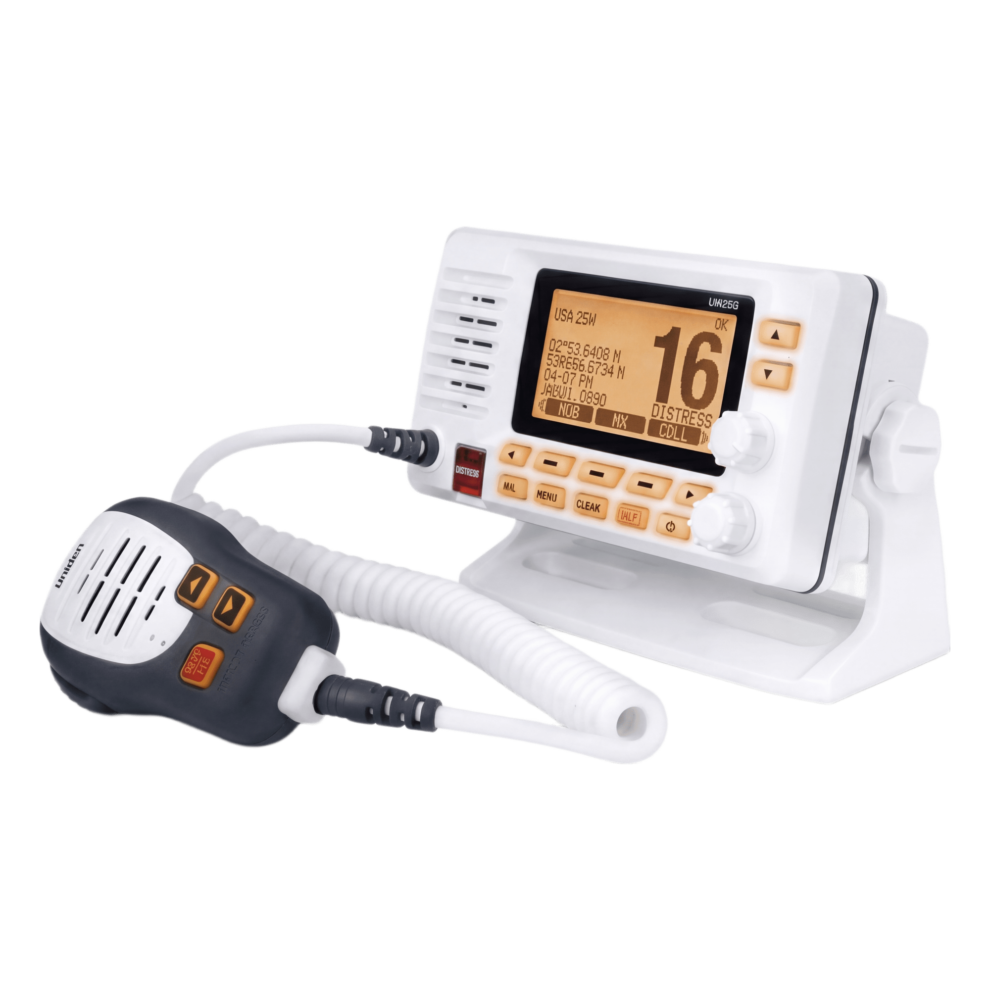 Radio Móvil Marino VHF UNIDEN UM725G / 25W RF / GPS / NMEA 2000 / DSC / IPX8 · SKU UM-725G