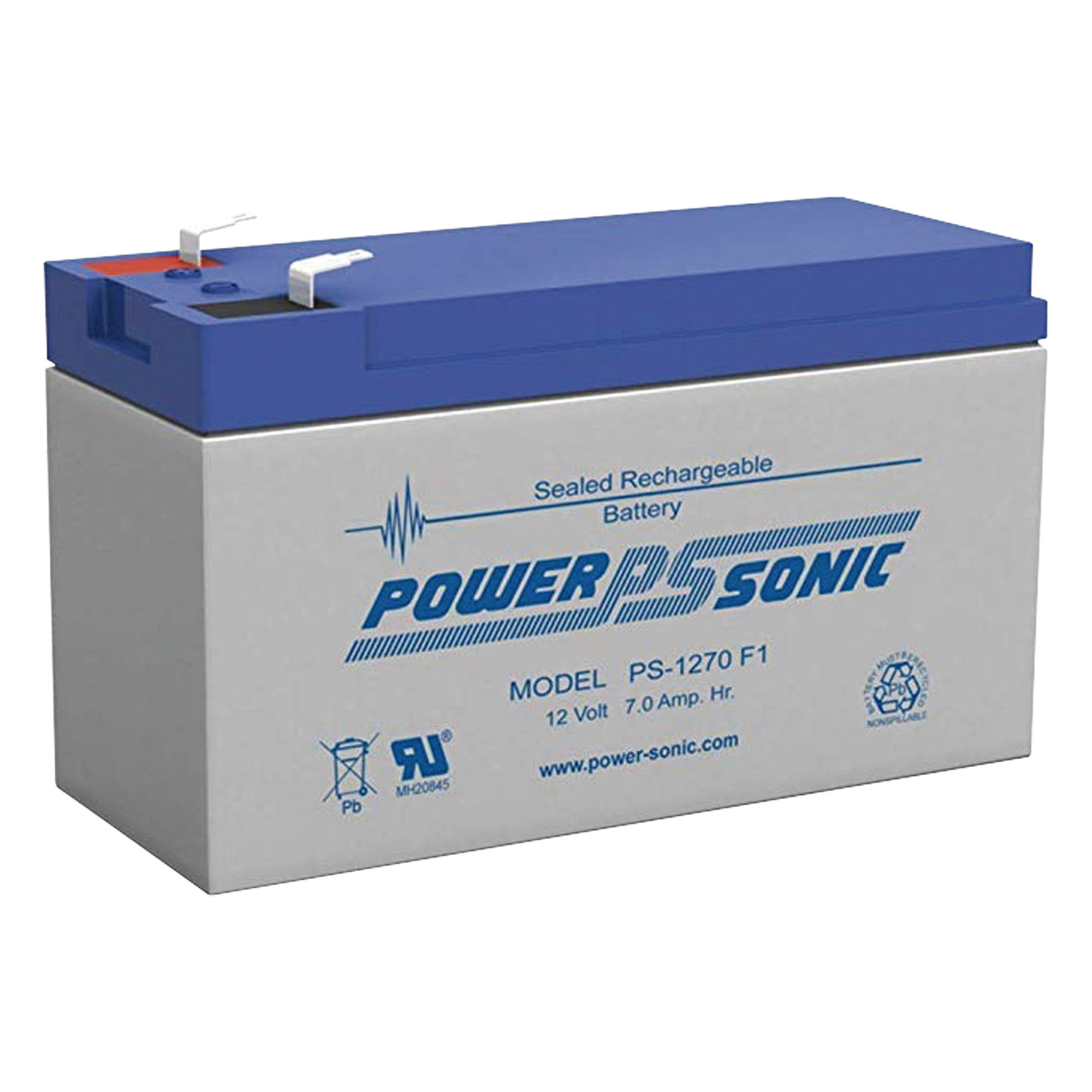 Batería de Respaldo / 12V / 7 Ah / Tecnología AGM/VRLA / Terminales F1 / 5 Años Vida Útil / UL Reconocida — POWER SONIC · SKU PS-1270-F1
