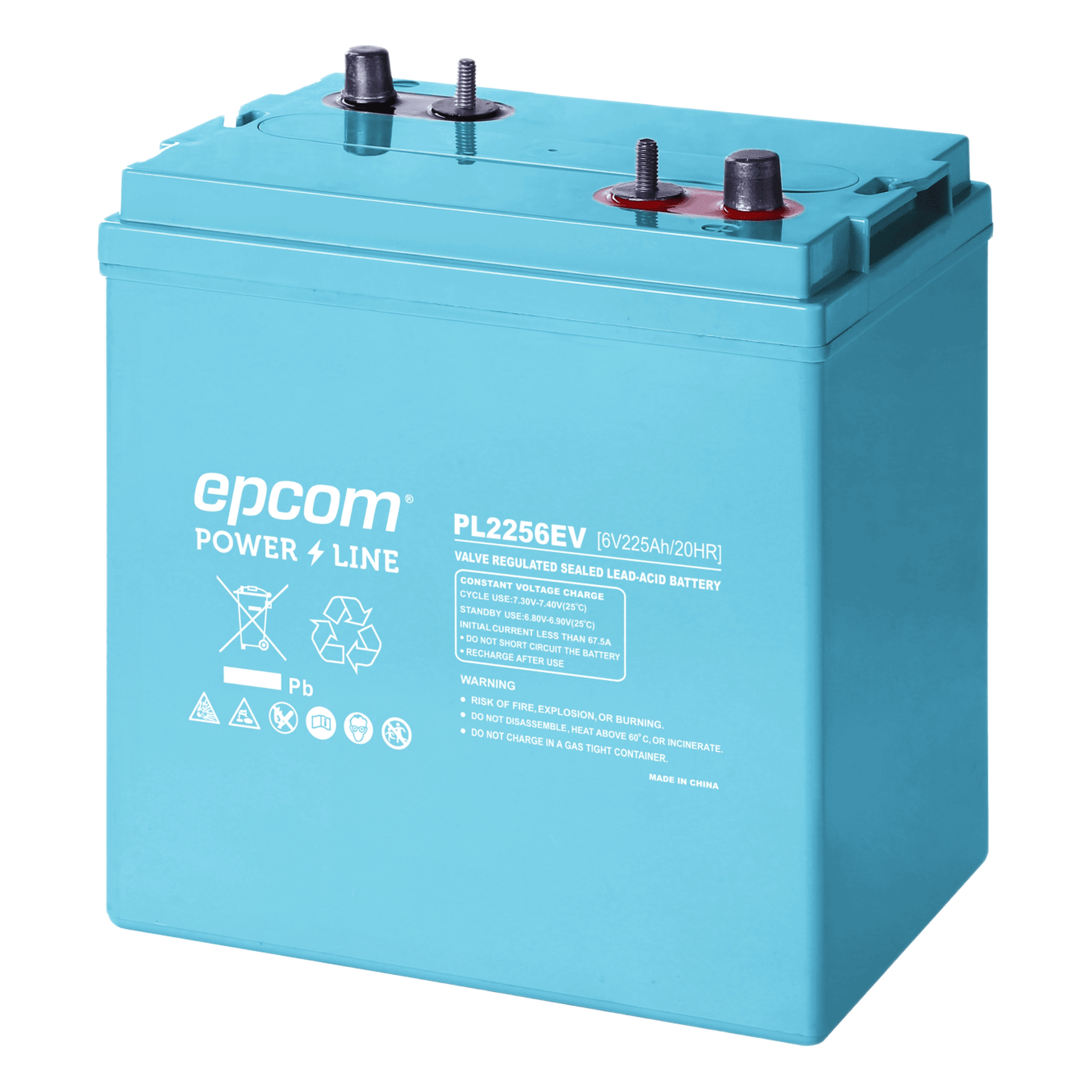 Batería de Ciclo Profundo AGM-VRLA / 6 VCC / 225 Ah / 1035 A CCA / 2250 A Descarga Máxima / Terminal F22/F14 — EPCOM POWERLINE · SKU PL2256EV