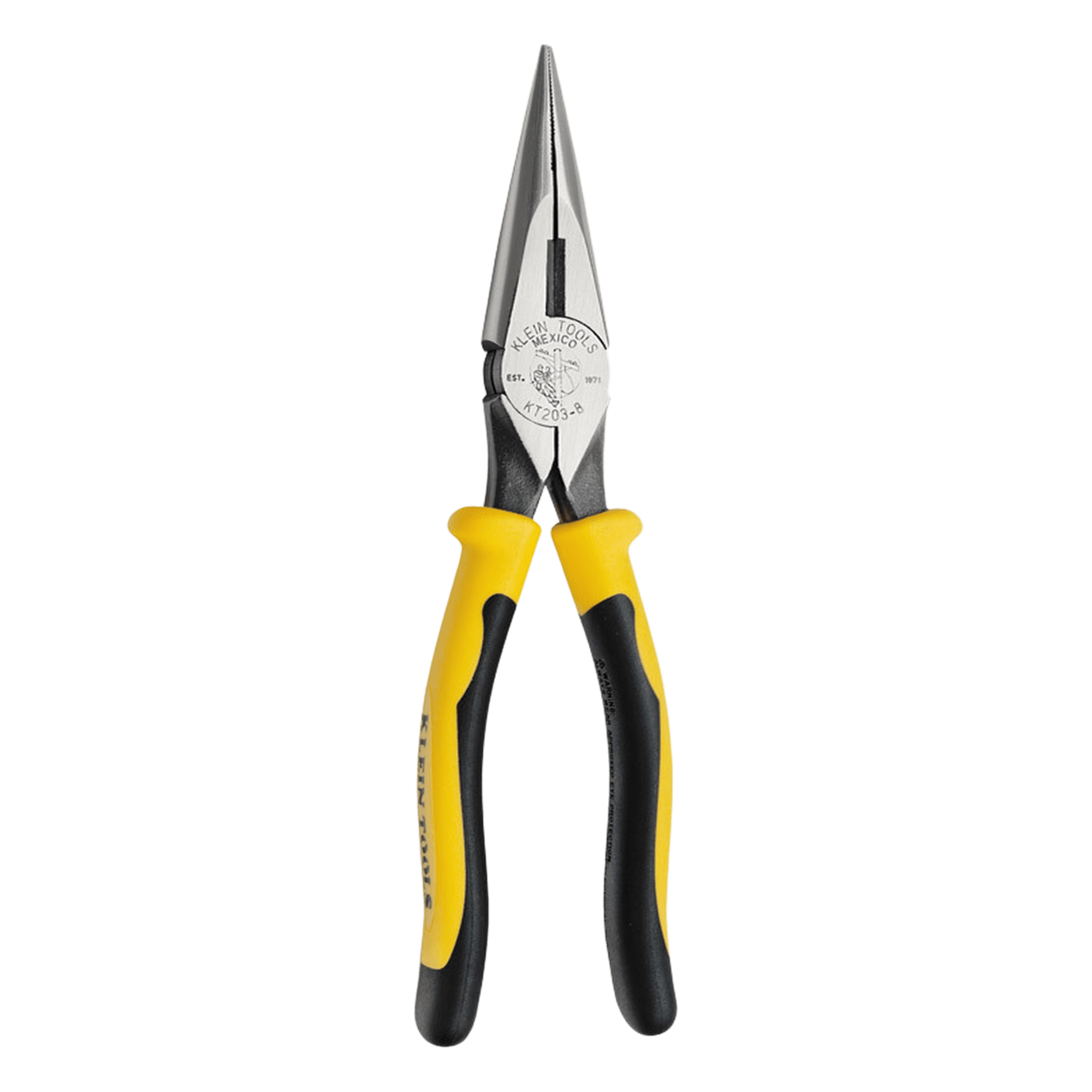 Pinzas de Punta Cónica con Corte Lateral / 8.37 Pulgadas (213 mm) / Cabeza Delgada 1.05 Pulgadas (27 mm) / Mandíbulas Estriadas / Tope Anti-Deslizante — KLEIN TOOLS · SKU KT203-8