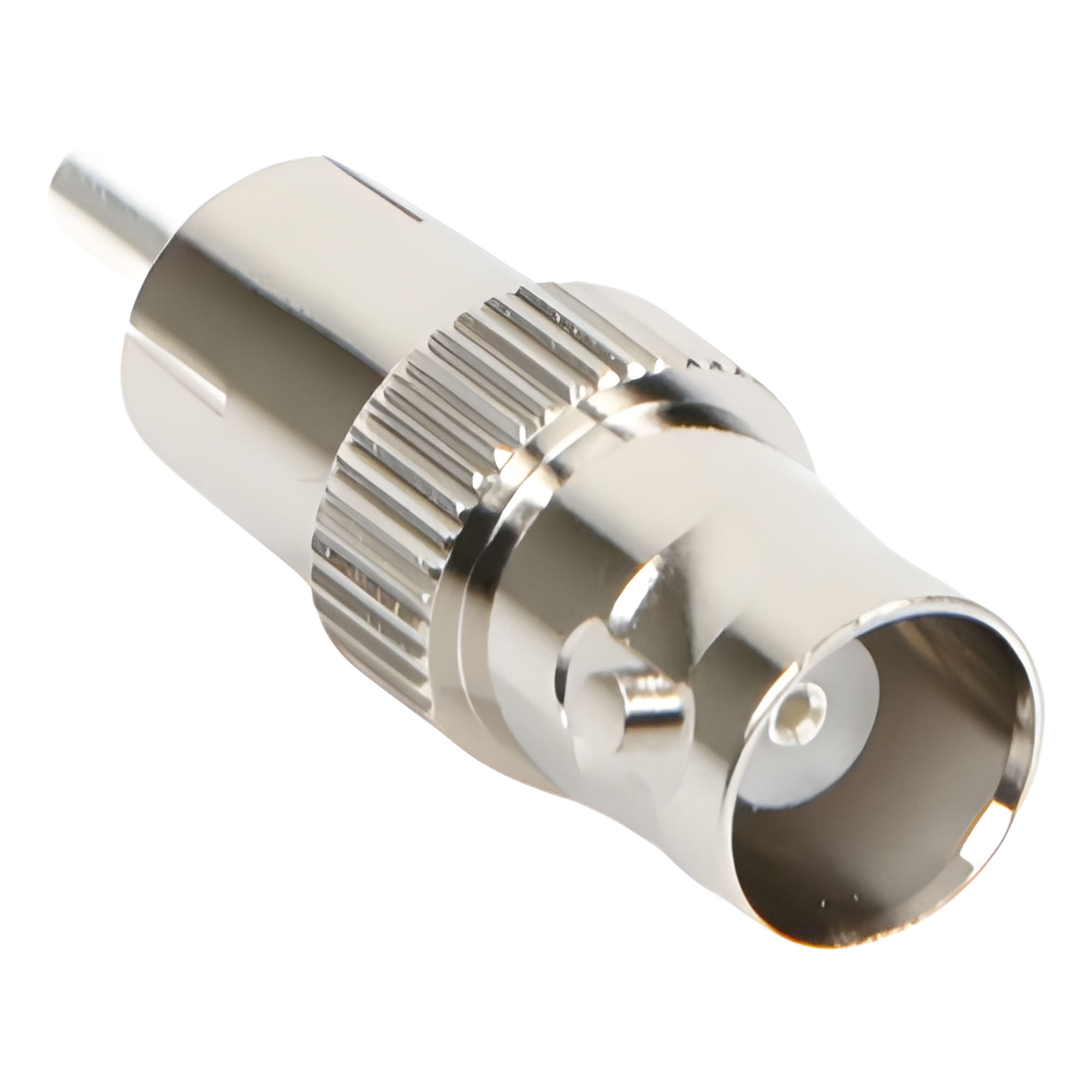 Adaptador Coaxial / BNC Hembra a RCA Macho / 50 Ohm / En Línea / Níquel-Plata-Delrin