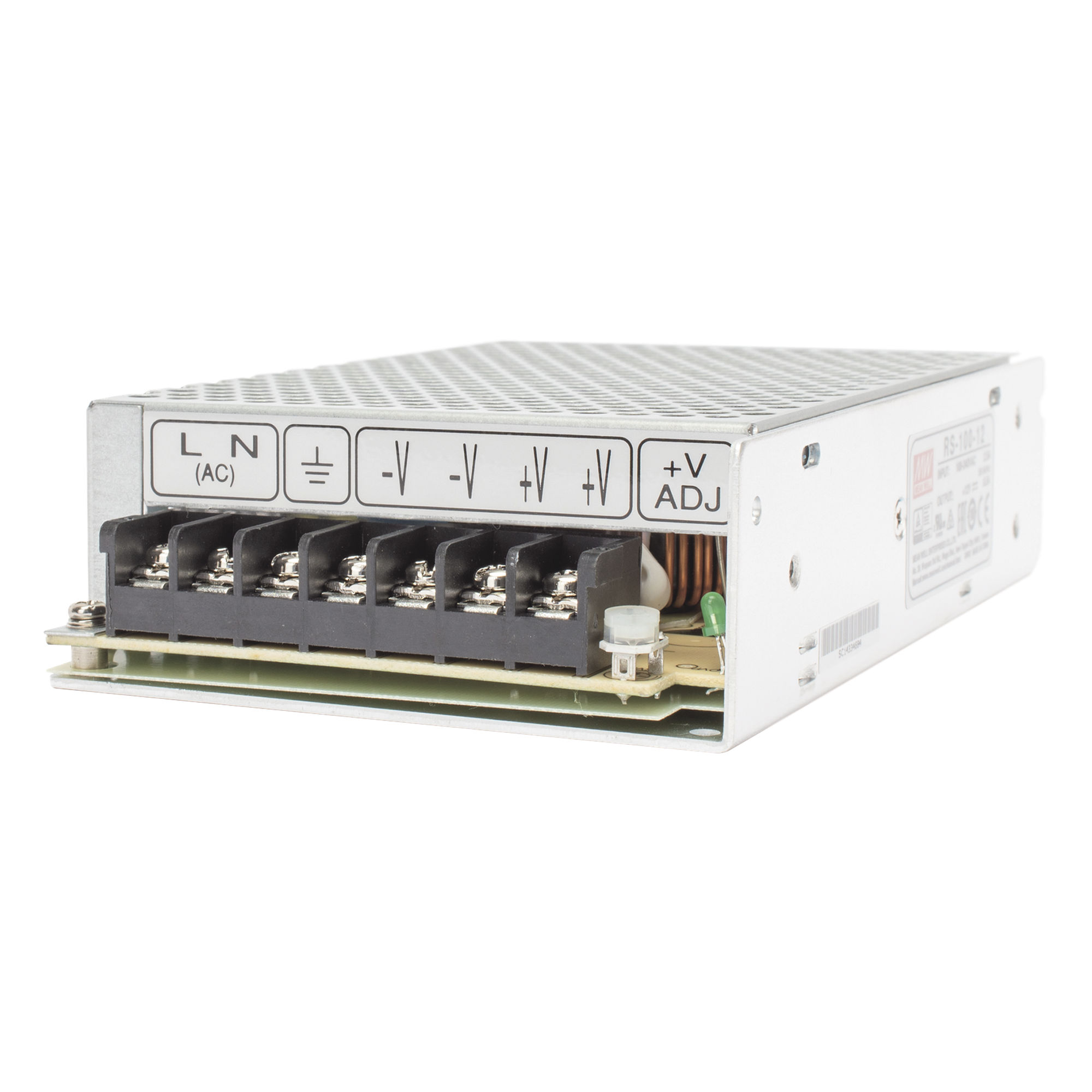 Fuente de Poder Conmutada / 100W / 12Vcc / 8.5A / Entrada 100-240Vca / 97x38x159 mm / 3.8x1.5x6.3 in — MEANWELL · SKU RS-100-12
