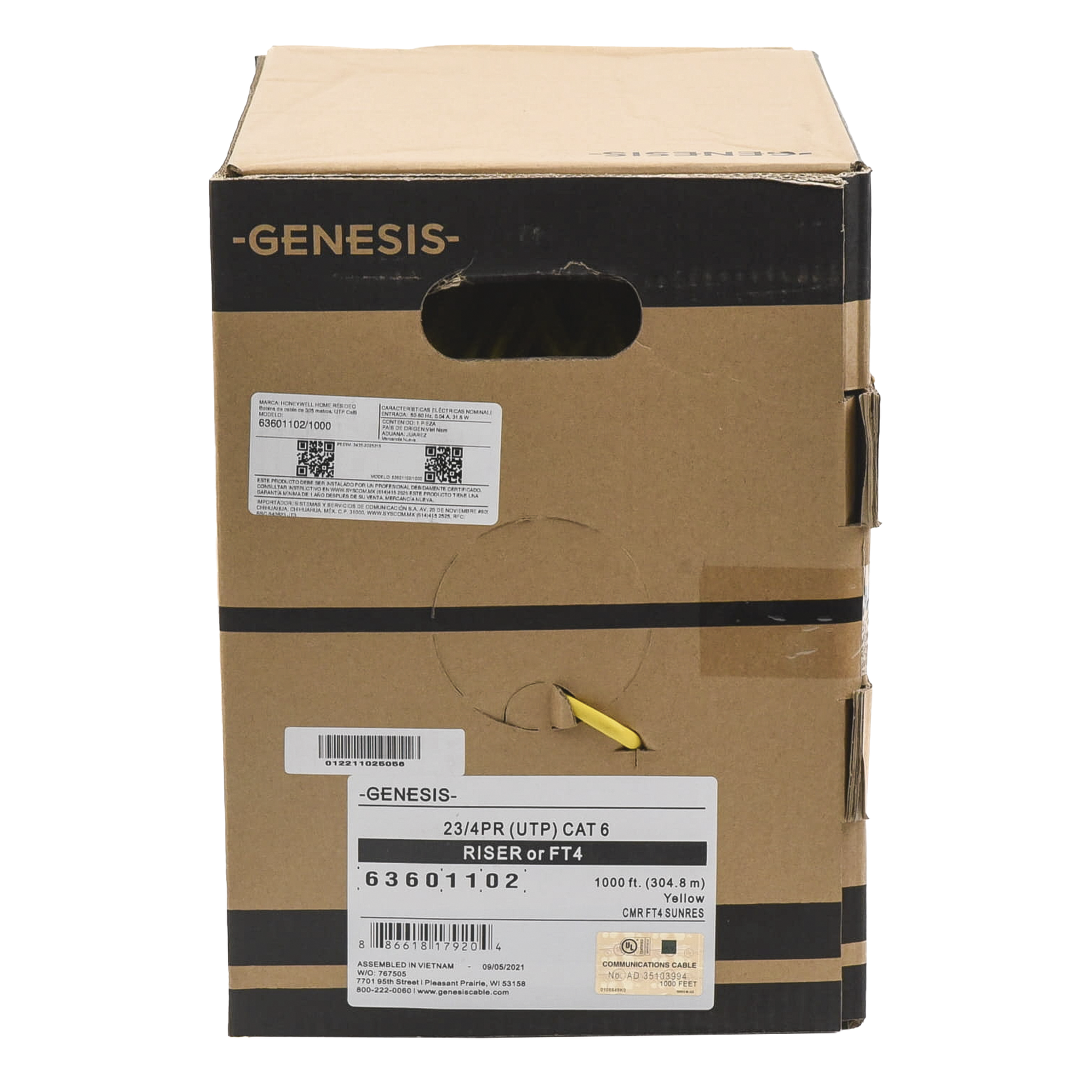 Bobina de Cable de 305 Metros (1000 Pies) UTP Cat6 Riser / Color Amarillo / UL, CMR, Probado a 350 Mhz / Para Aplicaciones de CCTV, Redes de Datos, IP Megapixel, Control RS485