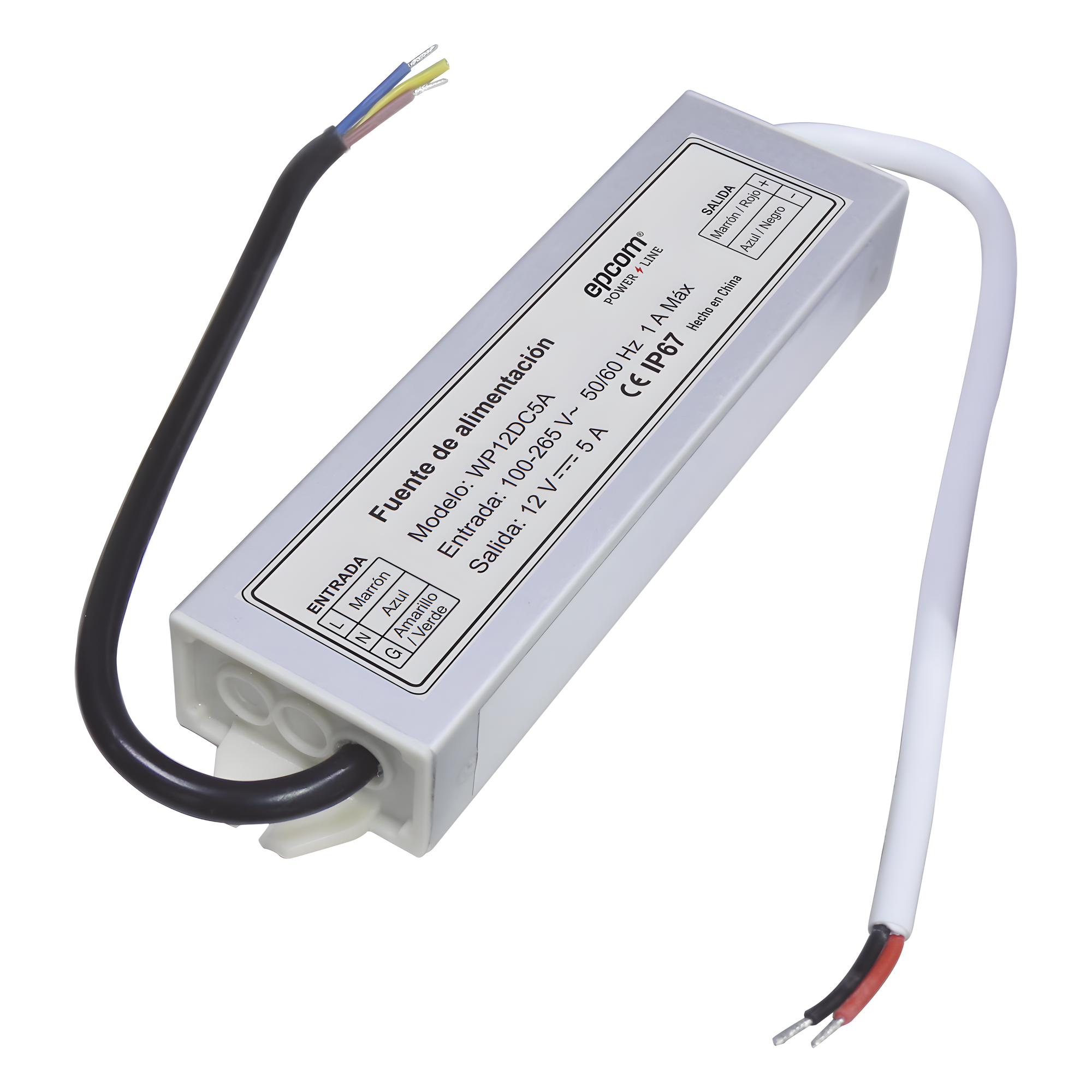 Fuente de Alimentación / 12 VDC / 5 A / IP67 / 100-265 VCA / -30°C a 70°C / 1.57 x 5.12 x 0.87 in — EPCOM POWERLINE · SKU WP12DC5A