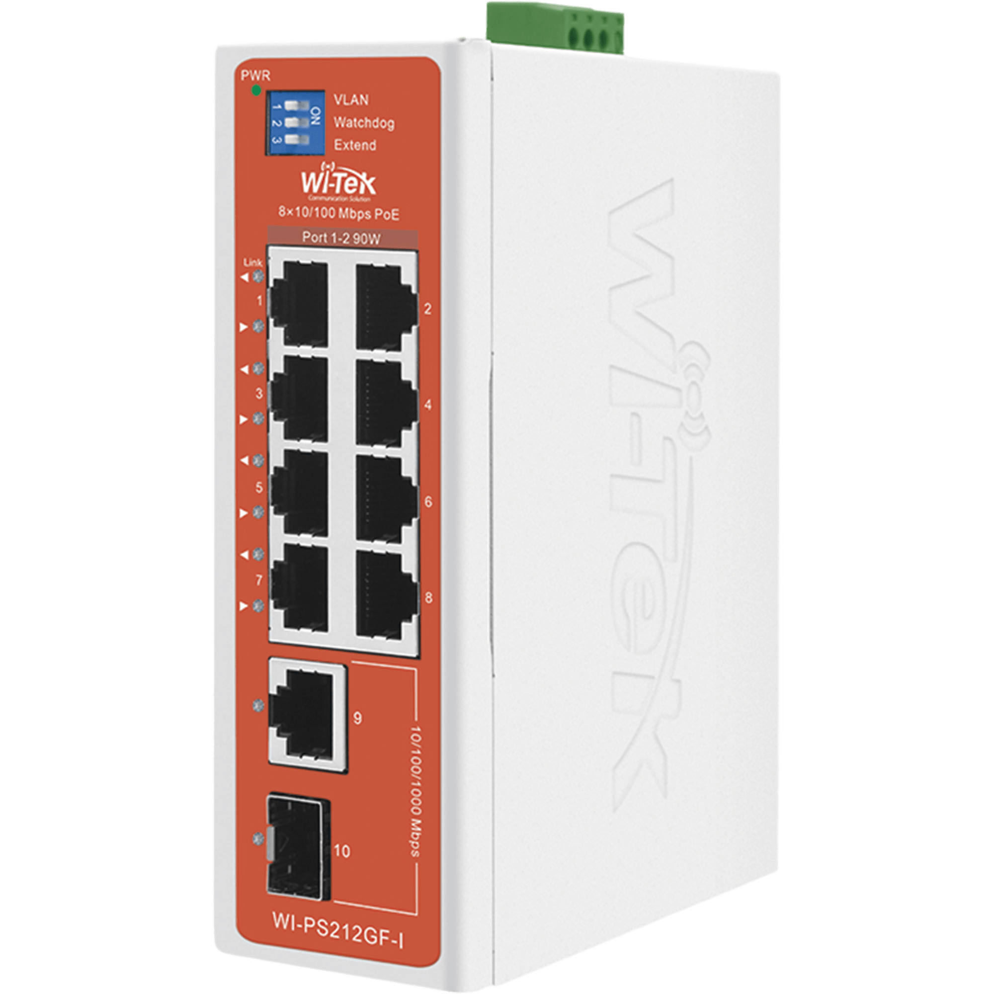 Switch Semi-Industrial / No administrable / 8 puertos 10/100 PoE af/at/bt / 1 puerto Gigabit RJ45 Uplink / 1 puerto SFP Uplink / Presupuesto PoE 110 Watts /