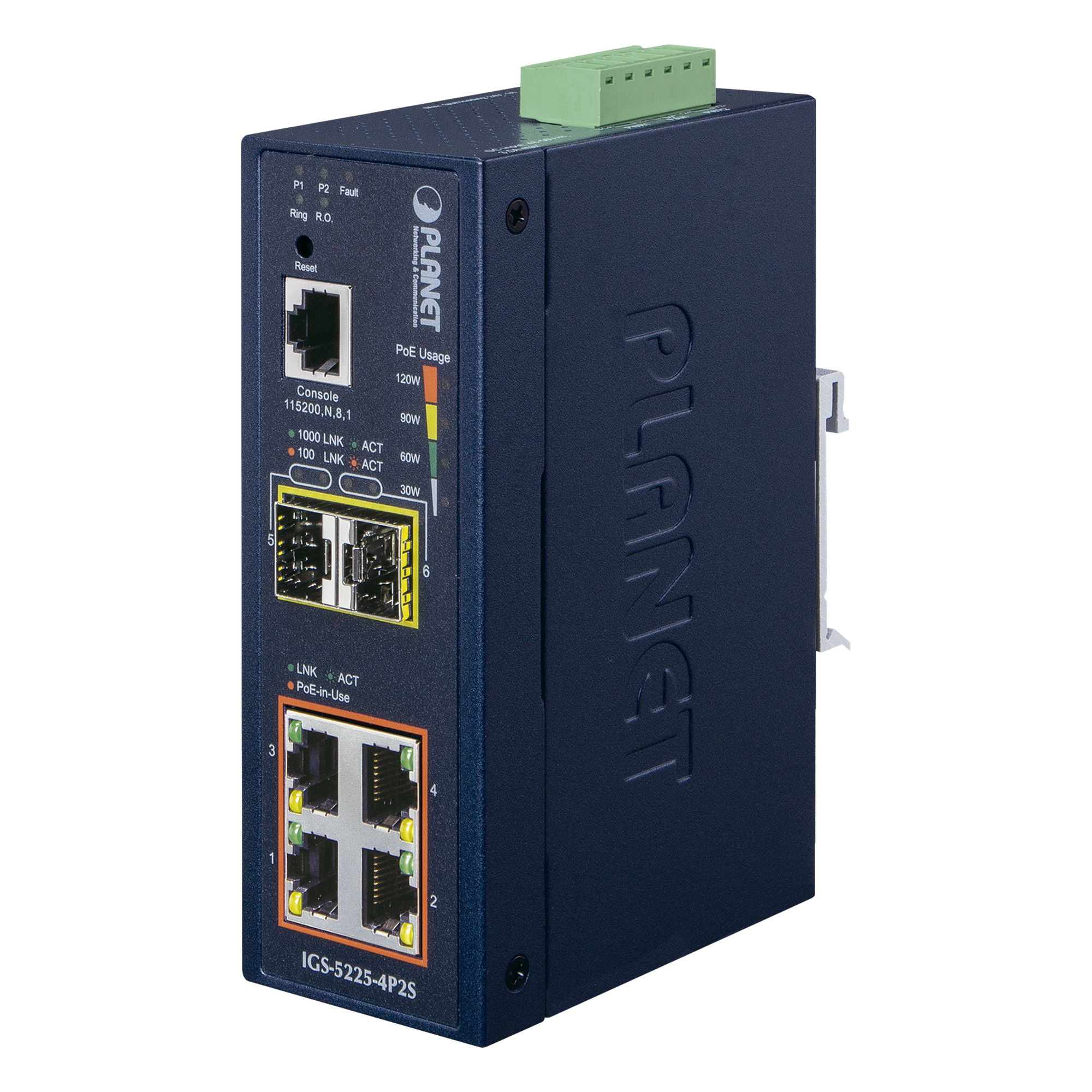 Switch Industrial Administrable Capa 2 / 4 Puertos PoE 802.3af/at Gigabit / 2 Puertos SFP 100/1000X / Anillo Redundante — PLANET · SKU IGS-5225-4P2S