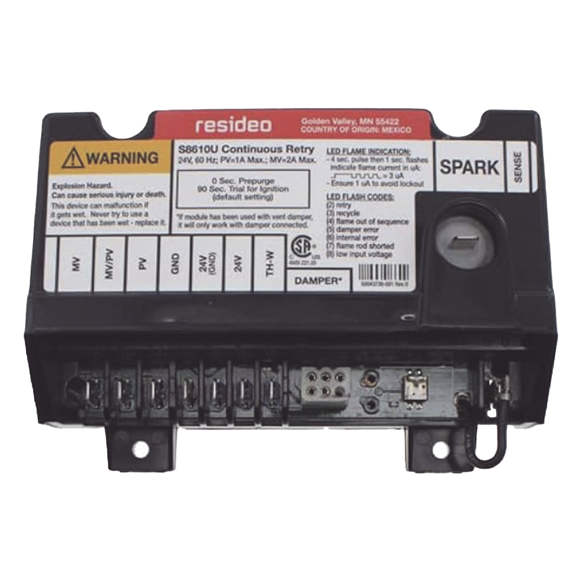 Módulo de Encendido Intermitente / Piloto de Gas Natural o LP / Detección Varilla Simple o Doble / 24 VCA 60 Hz / Cierre 100% Gas / LED Diagnóstico — HONEYWELL HOME RESIDEO · SKU S8610U3009/U