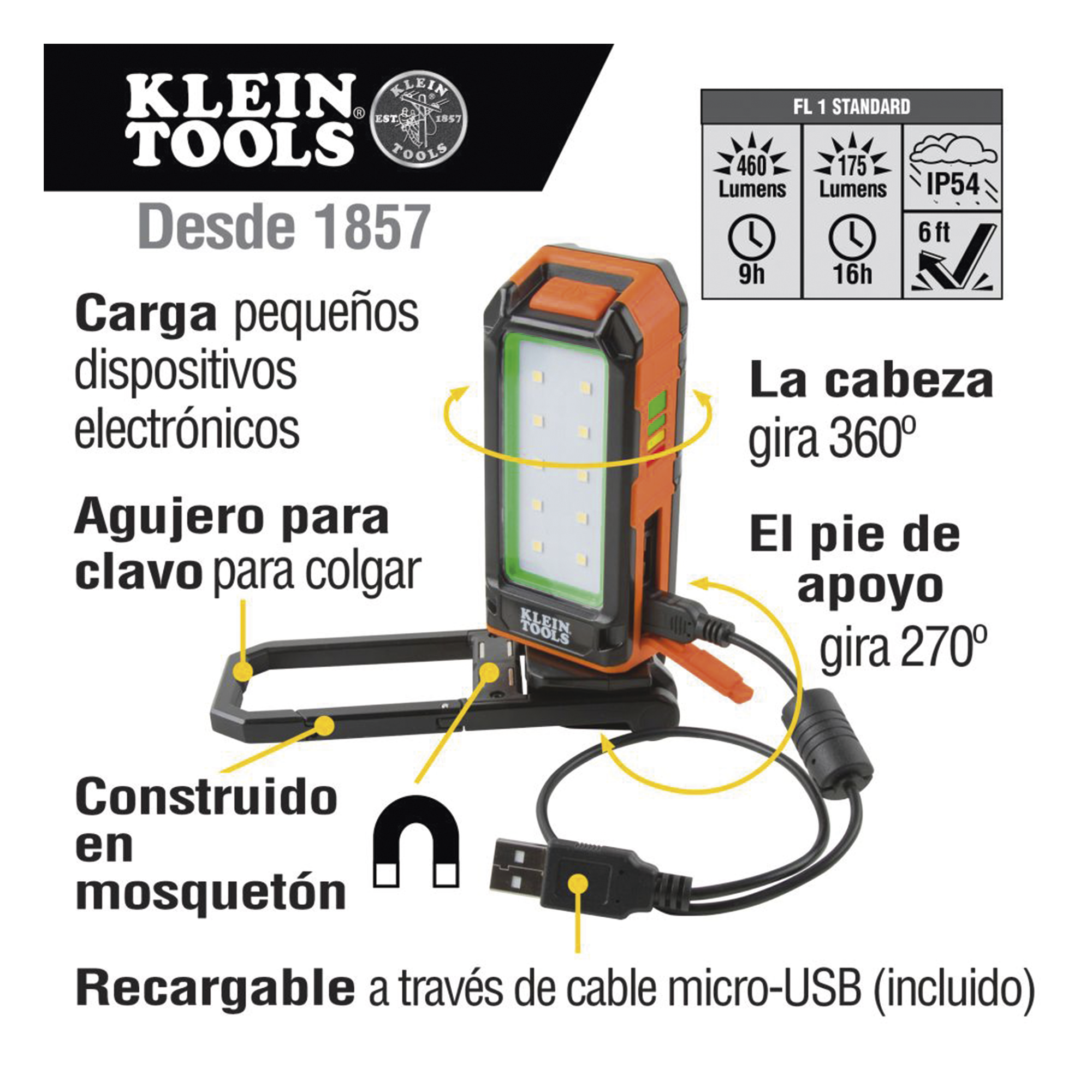 Lámpara LED de Trabajo / 460 Lúmenes / Autonomía 9 h / Recargable USB / Magnética / IP54