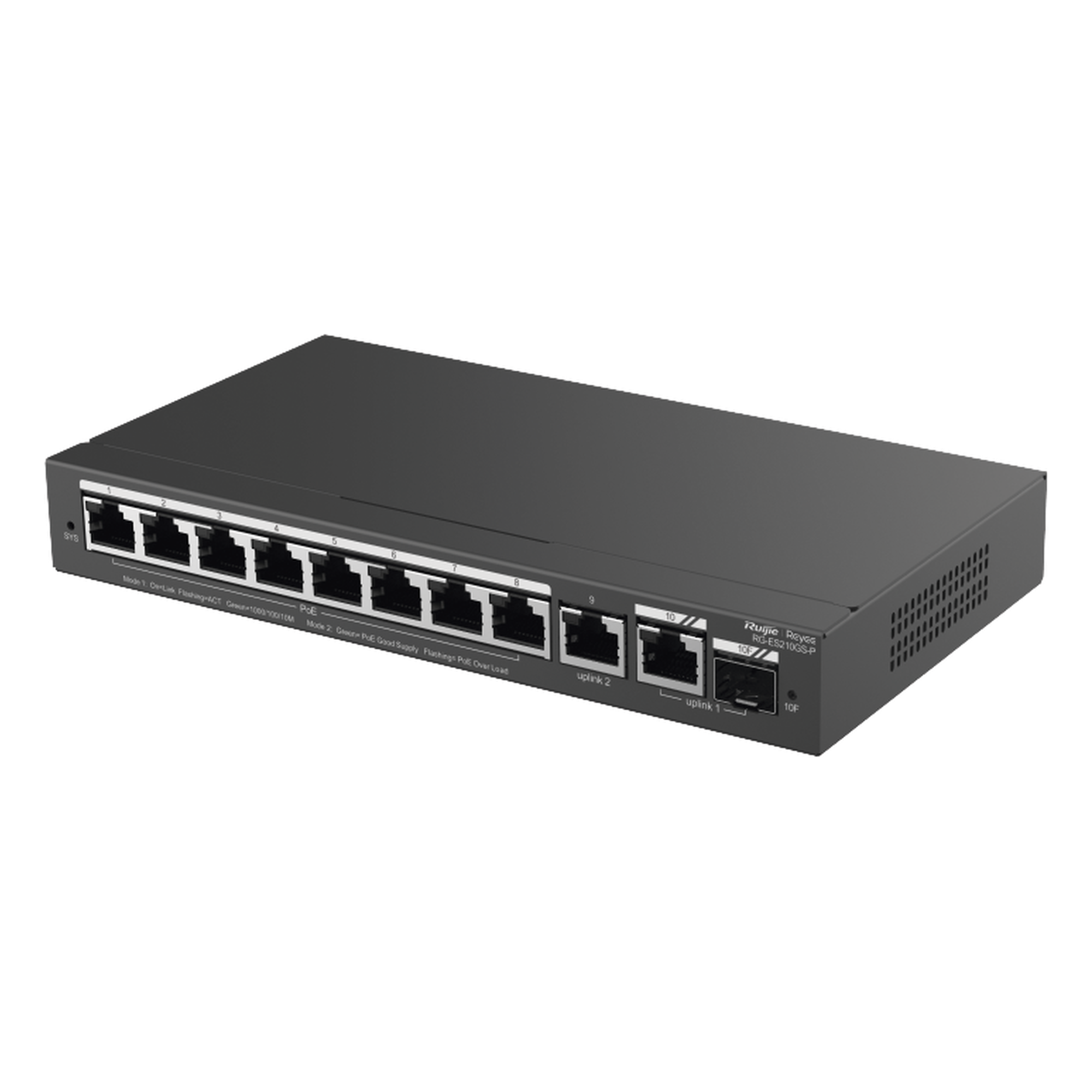 Switch Administrable / 8 Puertos PoE+ / 130 W / 2 Uplinks Gigabit / 20 Gb/s / Sin Ventilador — RUIJIE · SKU RG-ES210GS-P