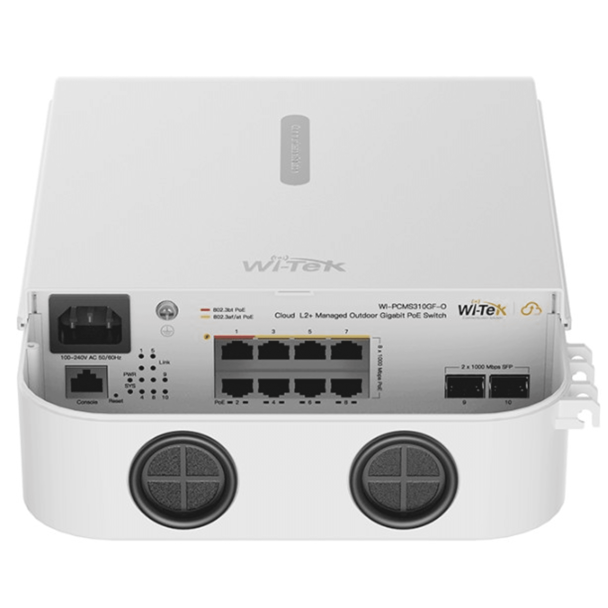 Switch PoE Industrial / 8 Puertos Gigabit / 2 SFP Uplink / PoE++ 90W / PoE+ 30W / 110W Total / 20 Gbps Switching / Sin Ventilador / -30°C a 60°C — WI-TEK · SKU WIPCMS310GFOV2