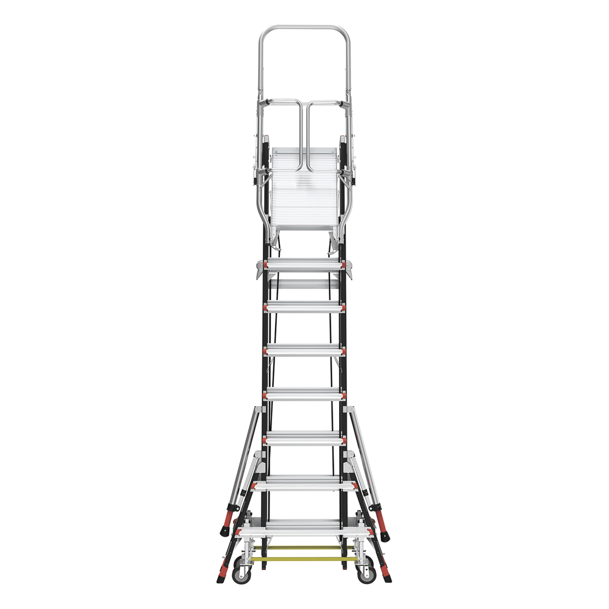 Escalera de Fibra de Vidrio  con Jaula de 8'-14' (2.44 - 4.27 m). Con Ajuste en Ruedas (RATCHET™ Leveler) (SKU:18515-817).