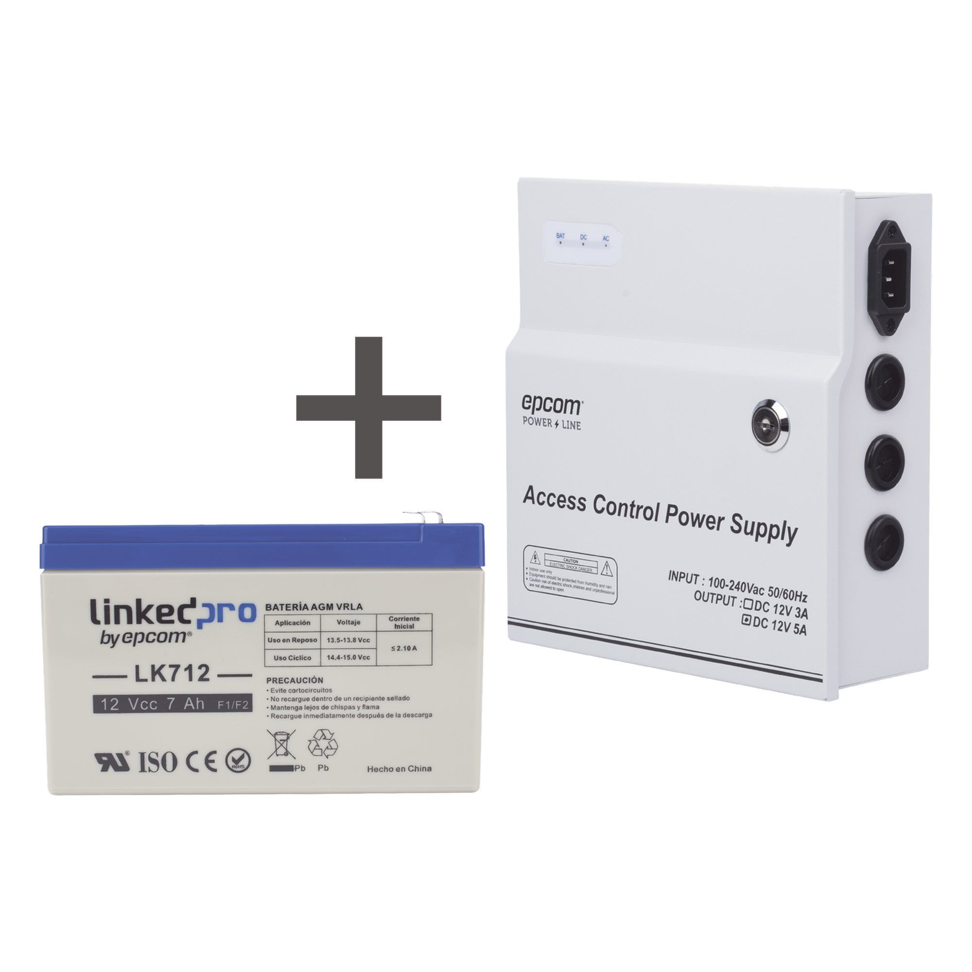 Fuente de Alimentación Regulada / Salida 11-15 VCC @ 5A / Entrada Universal 96-264 VCA / Batería de Respaldo 12V 7Ah / Temporizador 0-45 s — EPCOM POWERLINE · SKU ACPST1205/K