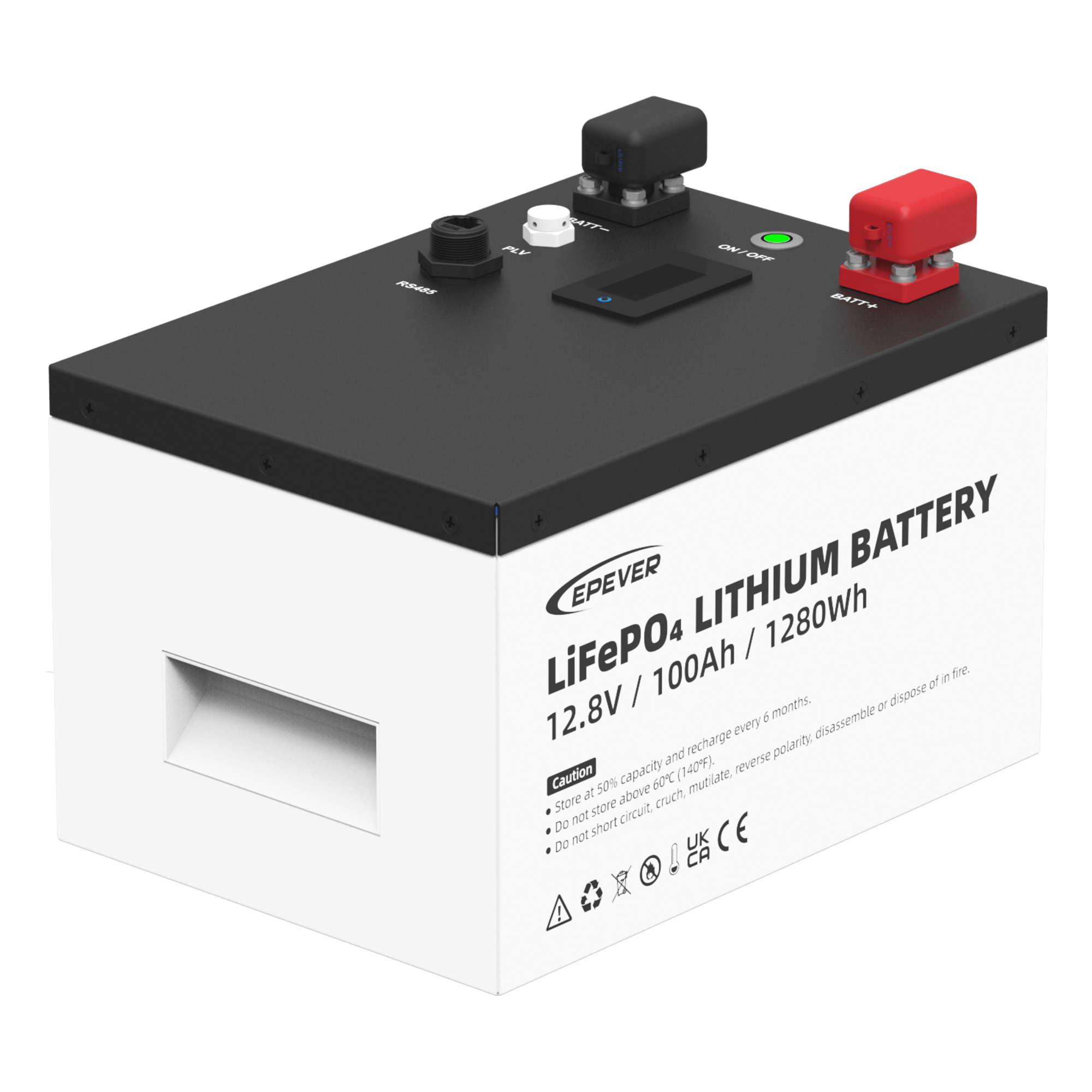 Batería LiFePO4 / 12.8 Vcc / 100 Ah / 1.28 kWh / 6000 Ciclos / IP65 / Pantalla LCD — EPEVER · SKU LFP100EP128V2