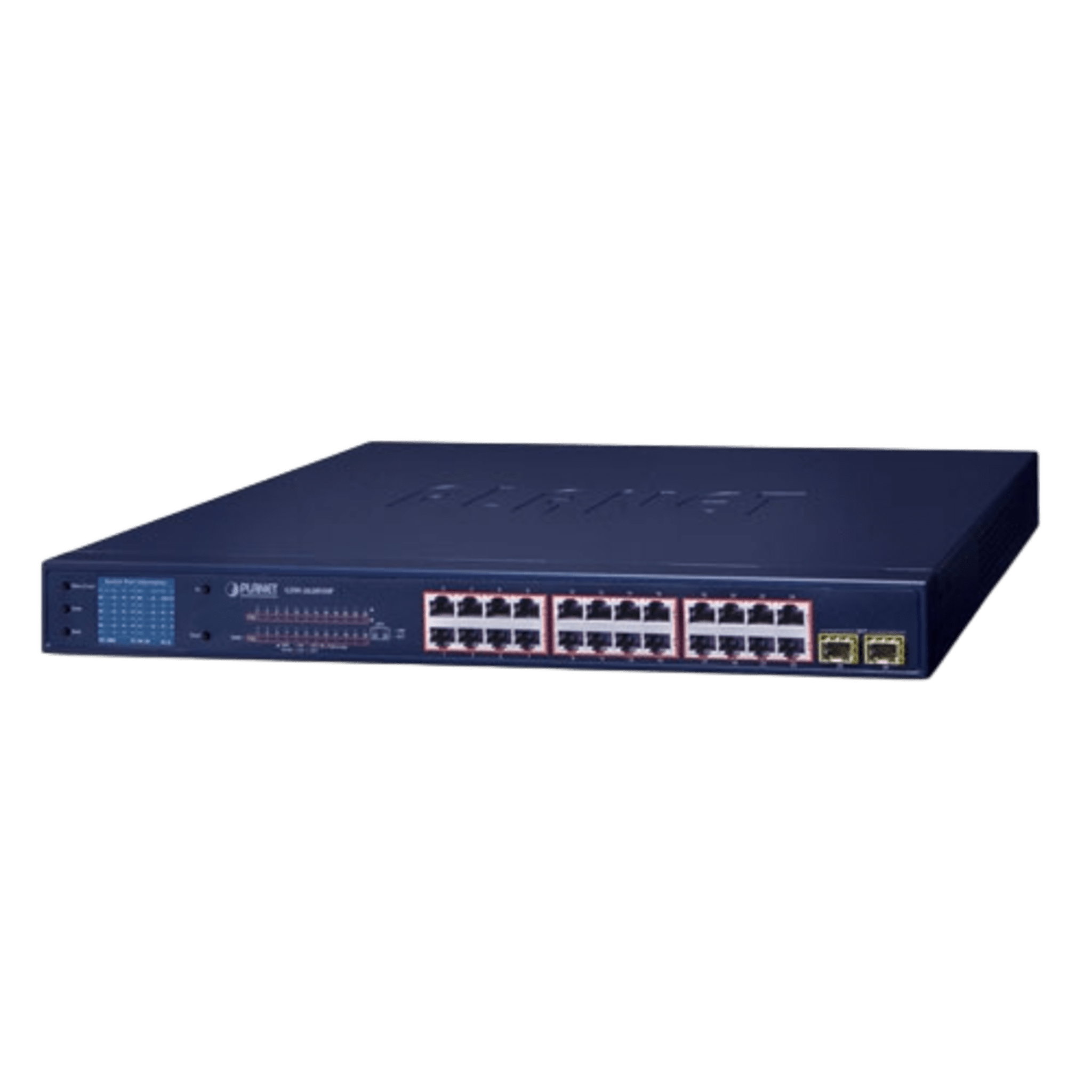 Switch PoE / 24 Puertos Gigabit 802.3af/at / 2 SFP 1000SX / LCD Inteligente / Modo Extendido 250 m (820.2 ft) / 300 W PoE / 52 Gbps — PLANET · SKU GSW-2620VHP