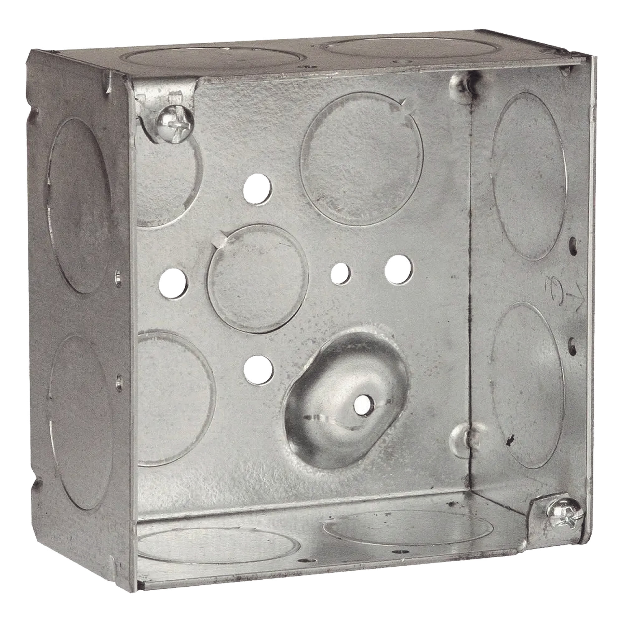 Caja Cuadrada Galvanizada / 4 x 4 in / Profundidad 2.125 in (5.4 cm) / 13 Entradas Conduit / Acero Soldado / 30.3 in³ Capacidad — RACO · SKU HUB-233