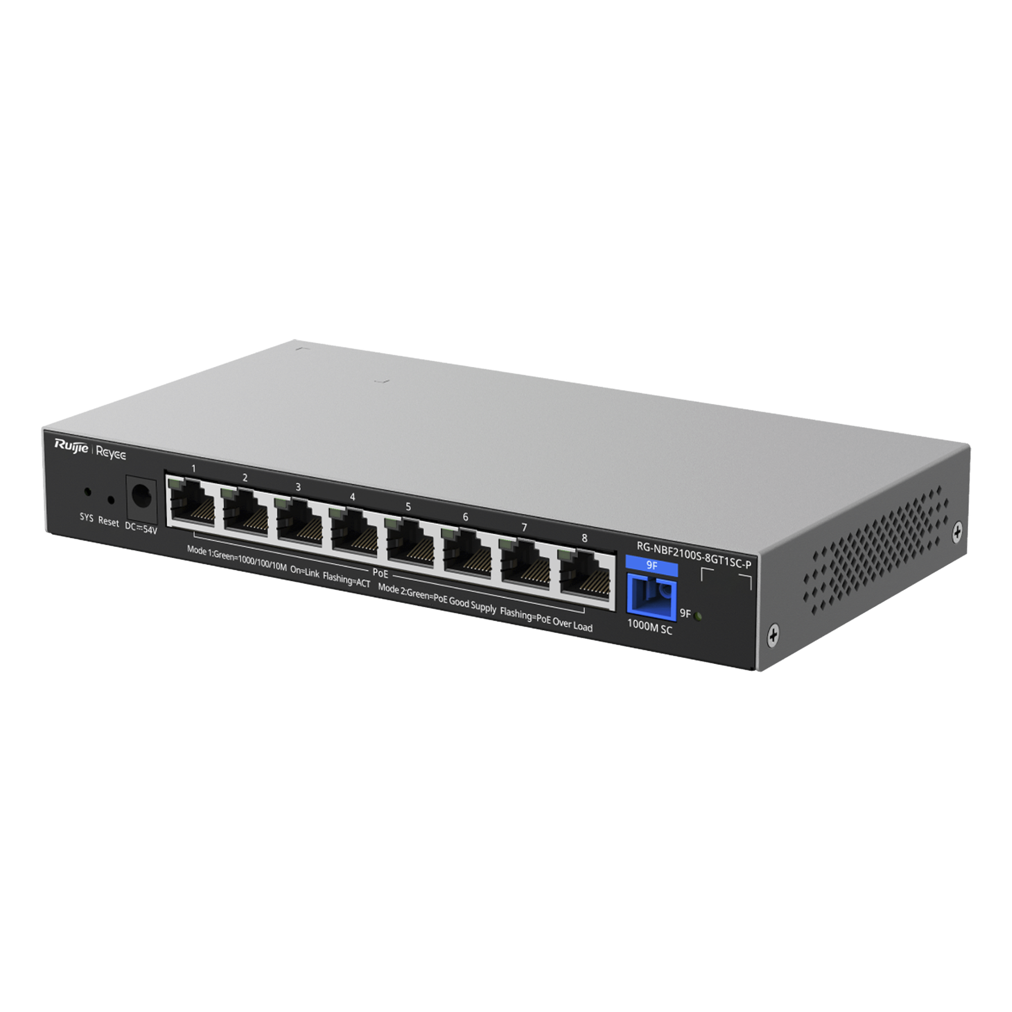 ONU/Switch PoE+ Híbrido / 1 Puerto PON 1G SC/UPC / 8 Puertos Ethernet 1G / 120W PoE+ / 18 Gbps / 7.95 x 4.25 x 1.10 in — RUIJIE · SKU RG-NBF2100S-8GT1SC-P
