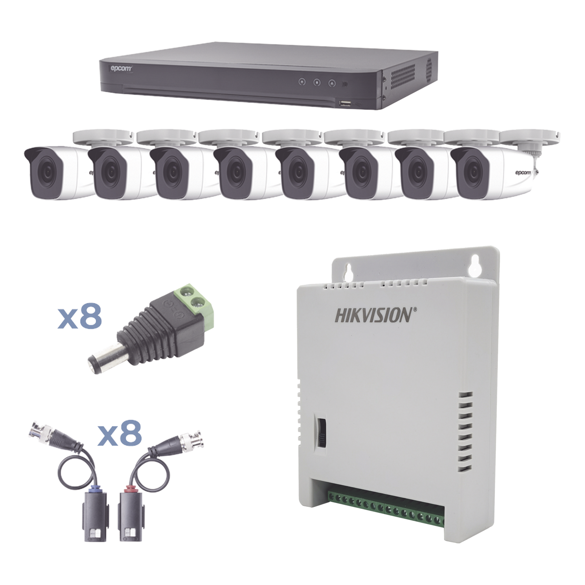 Kit TurboHD / DVR 8 Canales / 8 Cámaras Bala 1080p / Lente 2.8 mm / IR 20 m (65.6 ft) / Fuente Regulada hasta 15 Vcc / Transceptores UTP — EPCOM PROFESSIONAL · SKU KEVTX8T8BW