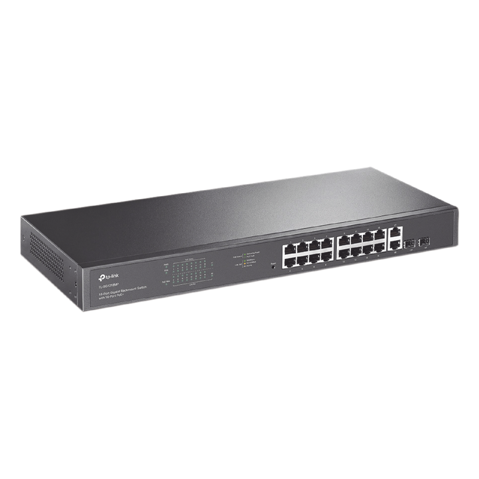 Switch PoE / 16 Puertos Gigabit / 2 SFP / 2 Combo / 250W PoE / 36 Gbps / Rackmount — TP-LINK · SKU TL-SG1218MP