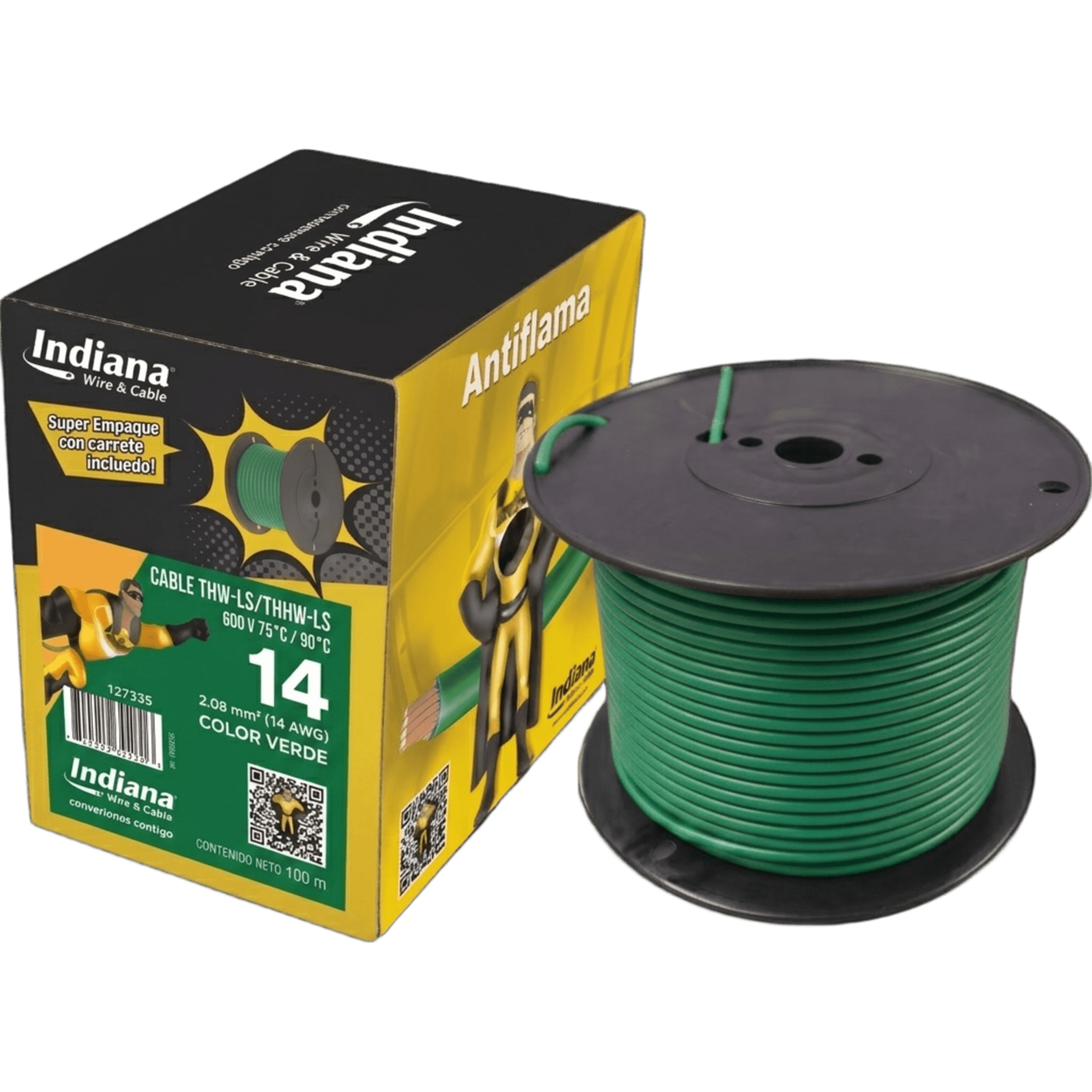 Cable THW-LS / 14 AWG / 19 Hilos / 90°C Seco / 75°C Mojado / Verde / Bobina 100 m (328 ft) — INDIANA · SKU SLY-312-GRN/100