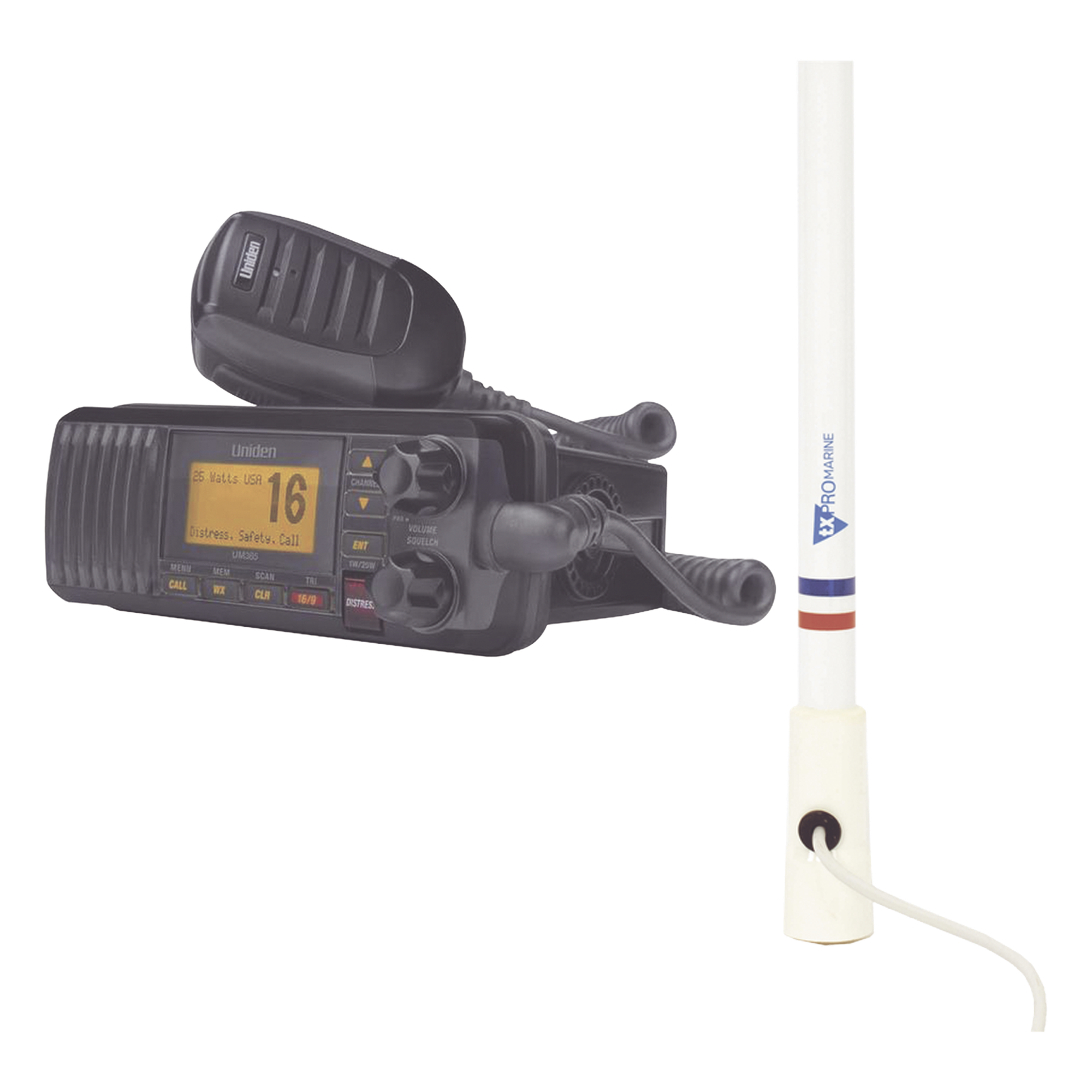 Kit de radio VHF marina / 25W / DSC Clase D / Antena fibra de vidrio 2.4 m (7.9 ft) / IPX4 — UNIDEN · SKU UM-385BK/KIT5206