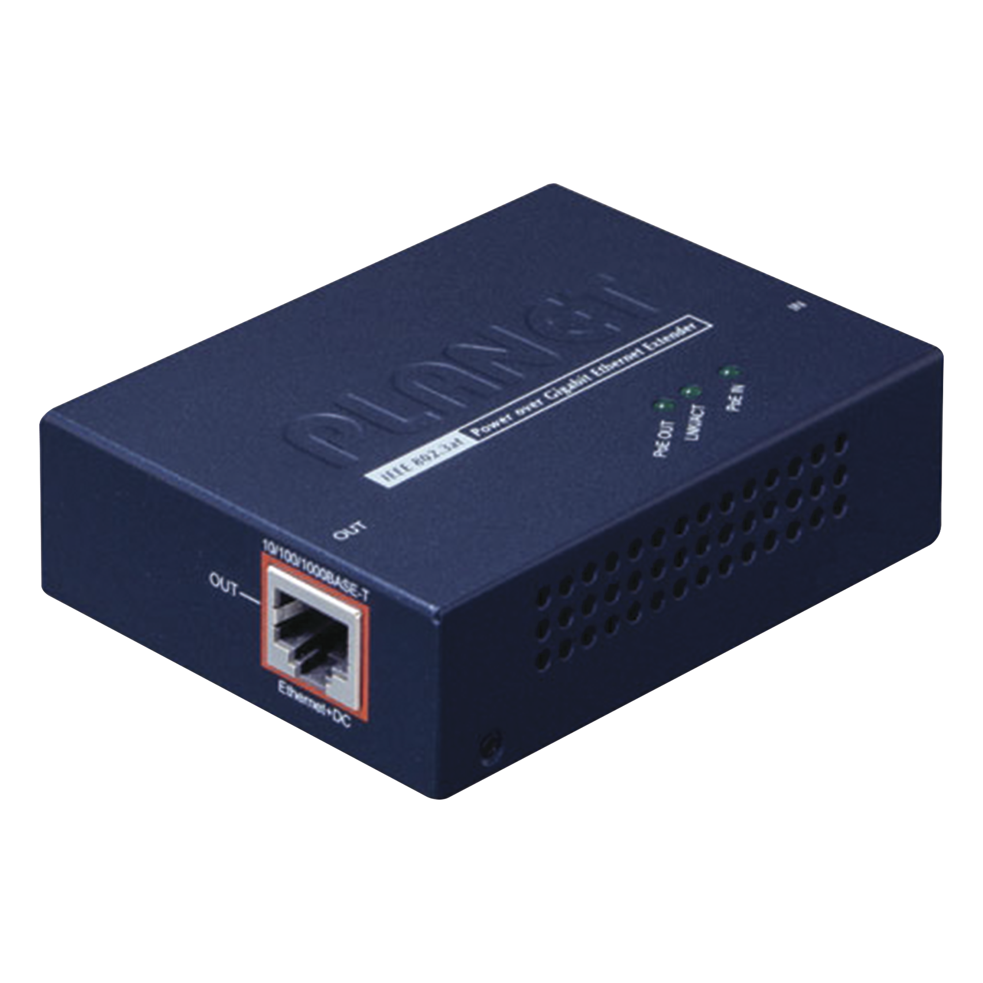 Extensor PoE+ / Hasta 500 m (1640 pies) / Entrada PoE+ Gigabit 802.3at / Salida PoE+ Gigabit 802.3af/at / Cadena de 4 unidades / Interior — PLANET · SKU POE-E201