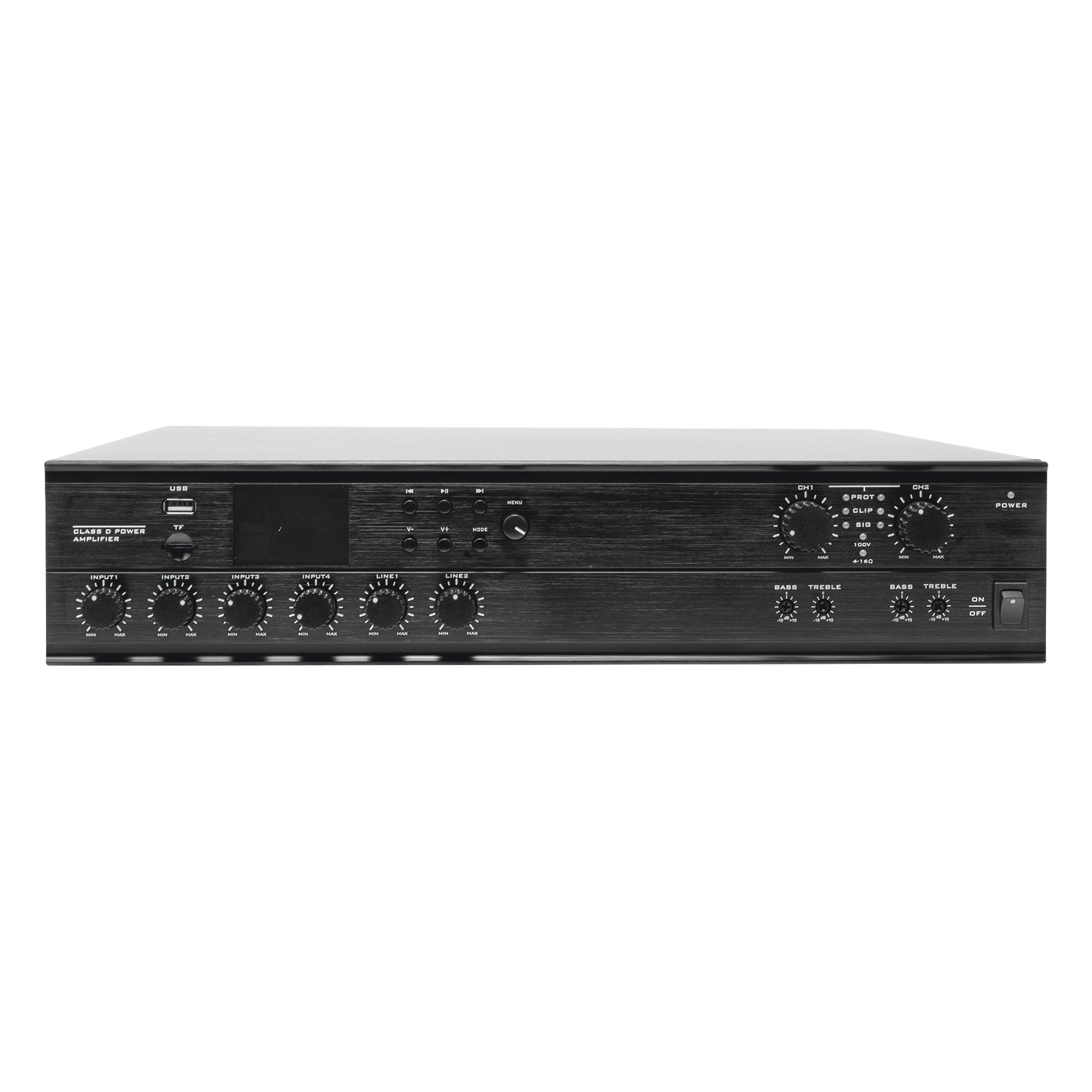 Amplificador Mezclador Matricial / 2 zonas / 240W por canal / 6 entradas / Bluetooth USB SD FM / 4 entradas mic con phantom / 100V y 4-16Ω / 787 pies de cobertura