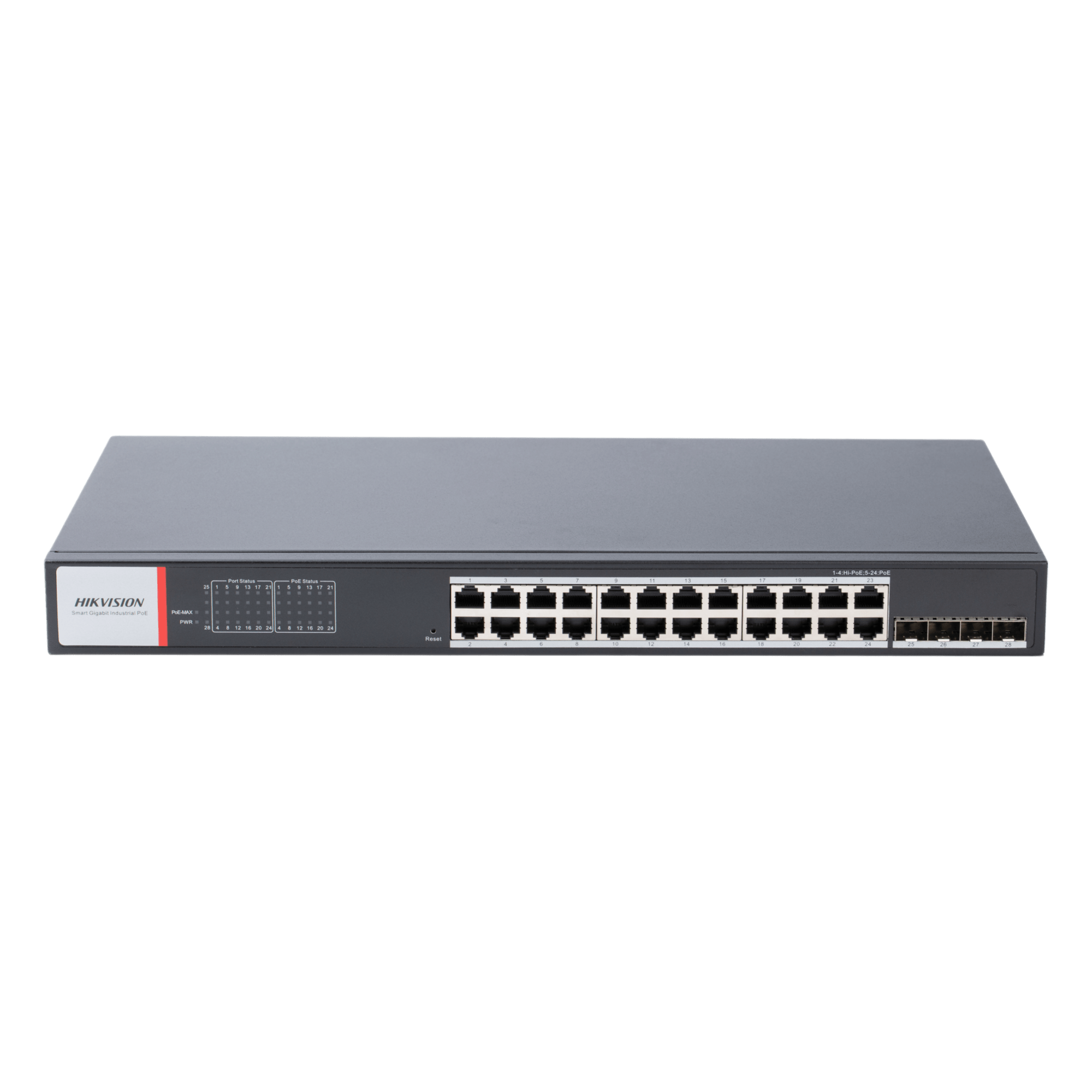 Switch Industrial Administrable / 24 Puertos Gigabit PoE+ / 4 Puertos SFP / Alcance Extendido 300 m (984.3 ft) / 370 W / Gestión en la Nube — HIKVISION · SKU DS-3T1528HP-SI-24P4F