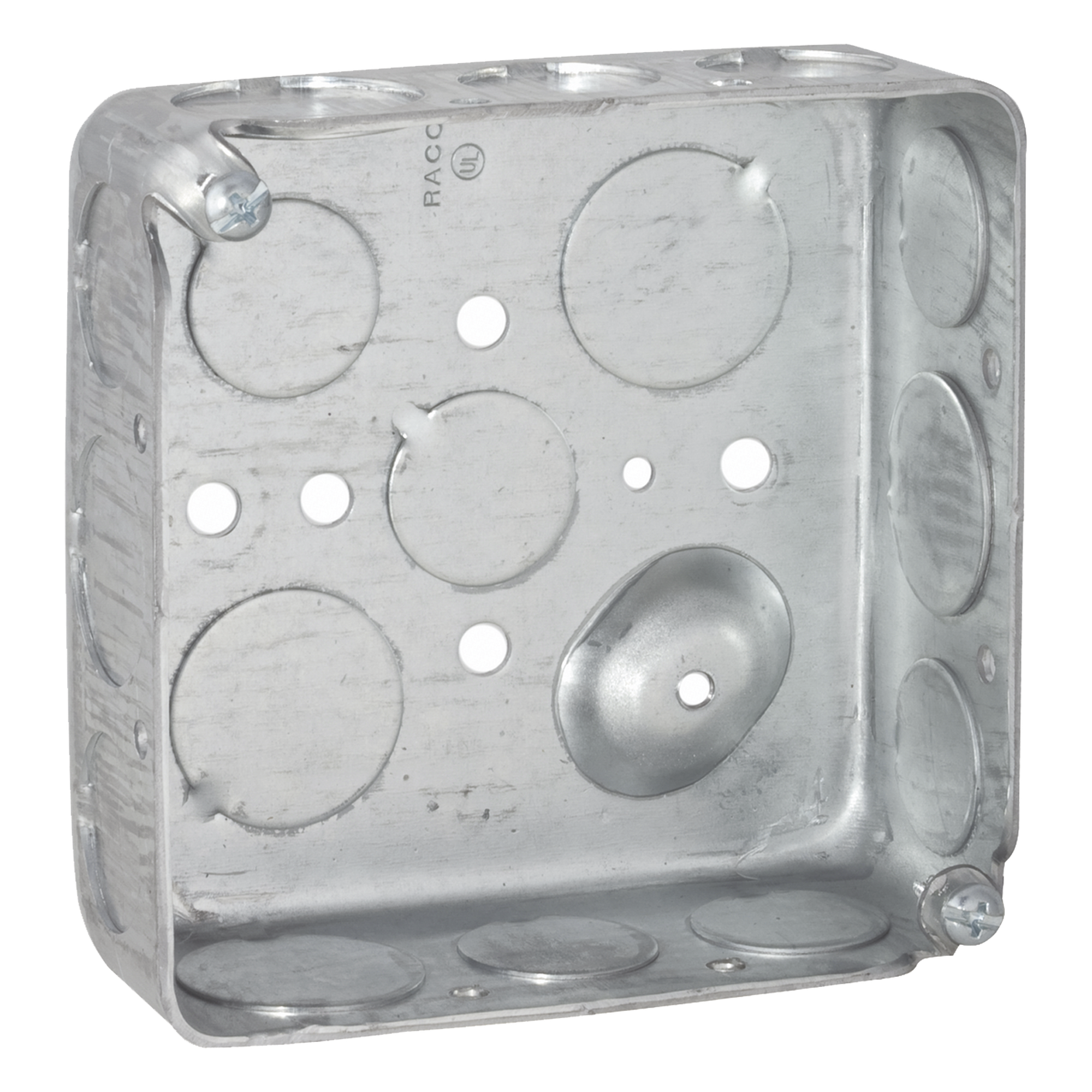 Caja Cuadrada Eléctrica / 4 x 4 in / Profundidad 1.563 in / Capacidad 21 in³ / 17 Entradas Conduit / Acero Galvanizado Troquelado — RACO · SKU HUB-192