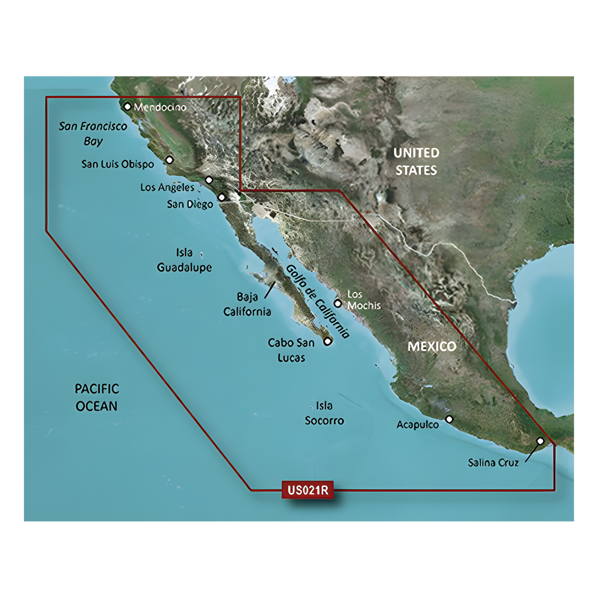 Carta Náutica Electrónica / Cobertura California a Puerto Vallarta / Gráficos Costeros de Alta Precisión / Auto Ruta por Profundidad / Contornos de 1' / 10 Rangos de Sombreado de Profundidad — GARMIN · SKU 10-C0722-20