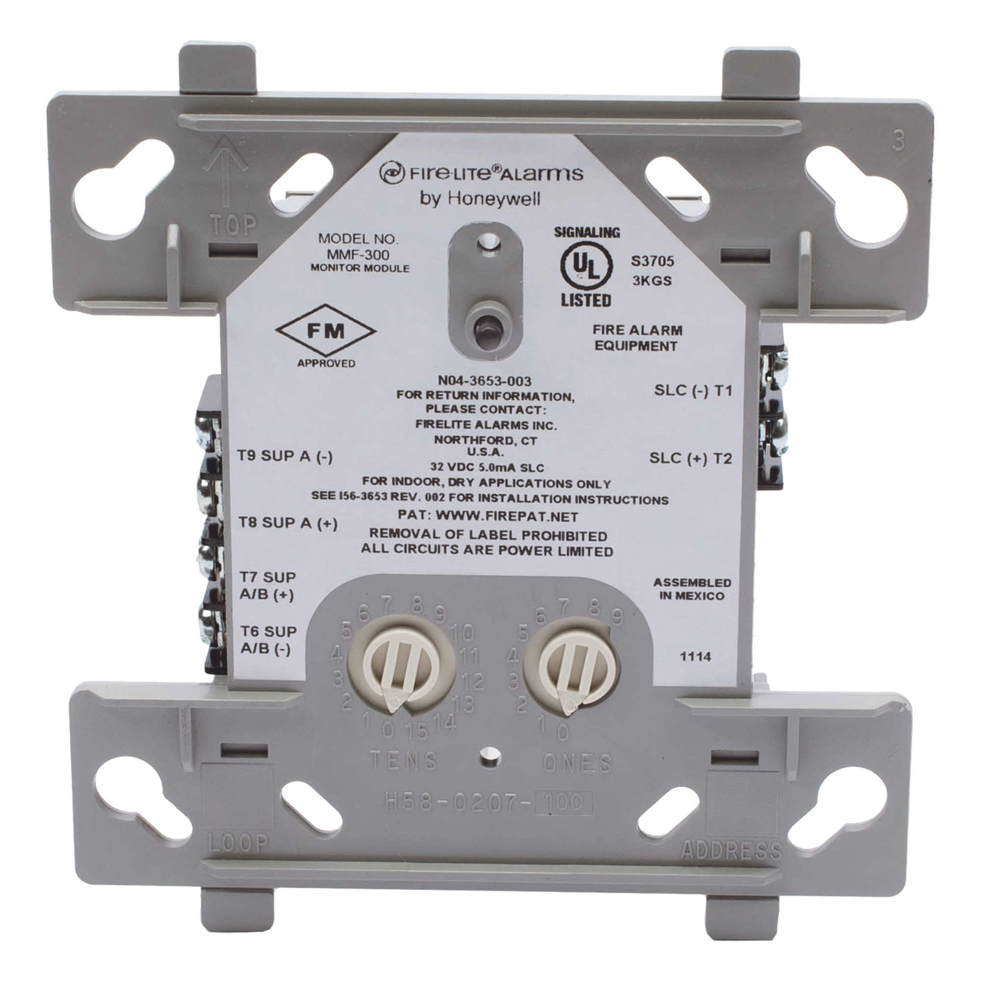 Módulo Monitor Direccionable / Circuito IDC Clase A o B / Lazo SLC / Alimentación por SLC / 1,500 Ohms Máx. / Certificado UL/FM — FIRE-LITE · SKU MMF-300