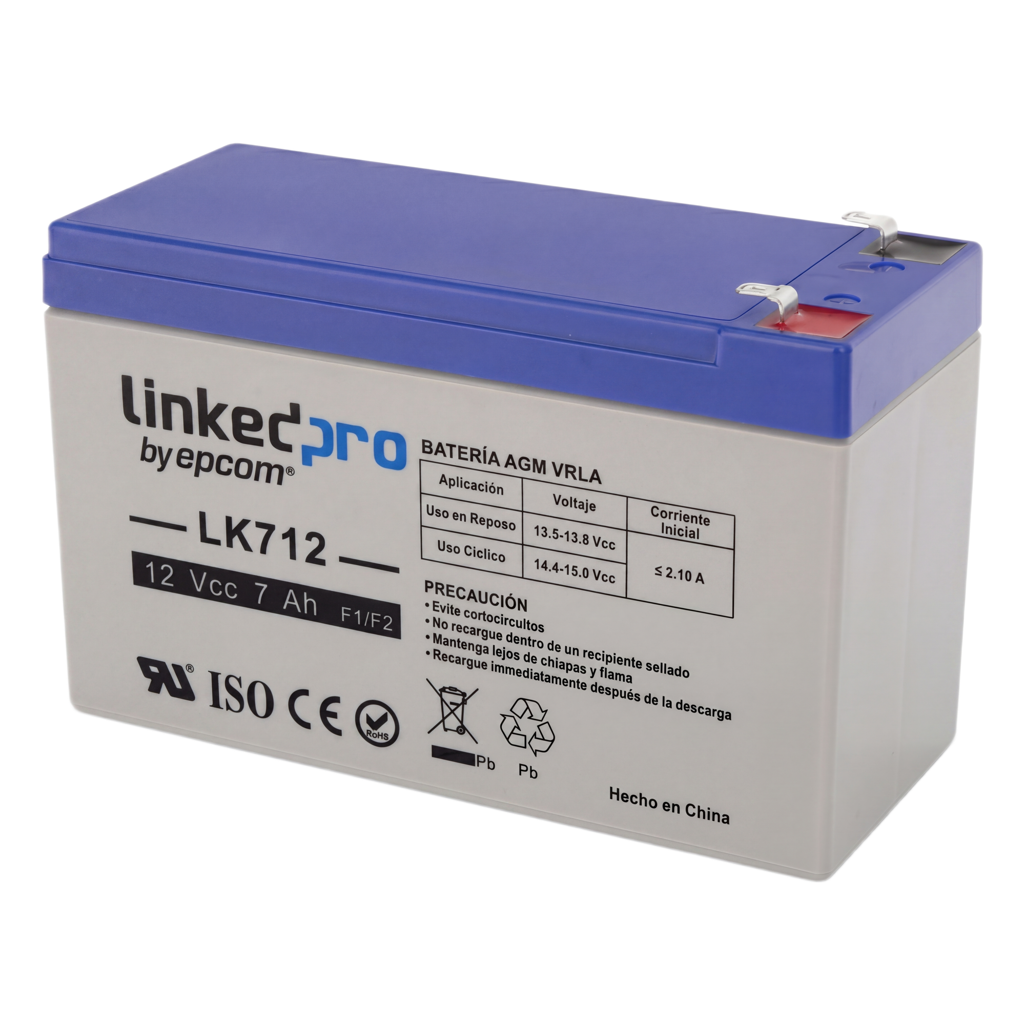 Batería de Respaldo AGM-VRLA / 12 V / 7 Ah / Vida Útil 5 Años / Terminales F1 + Adaptador F2 / Certificación UL — LINKEDPRO BY EPCOM · SKU LK712